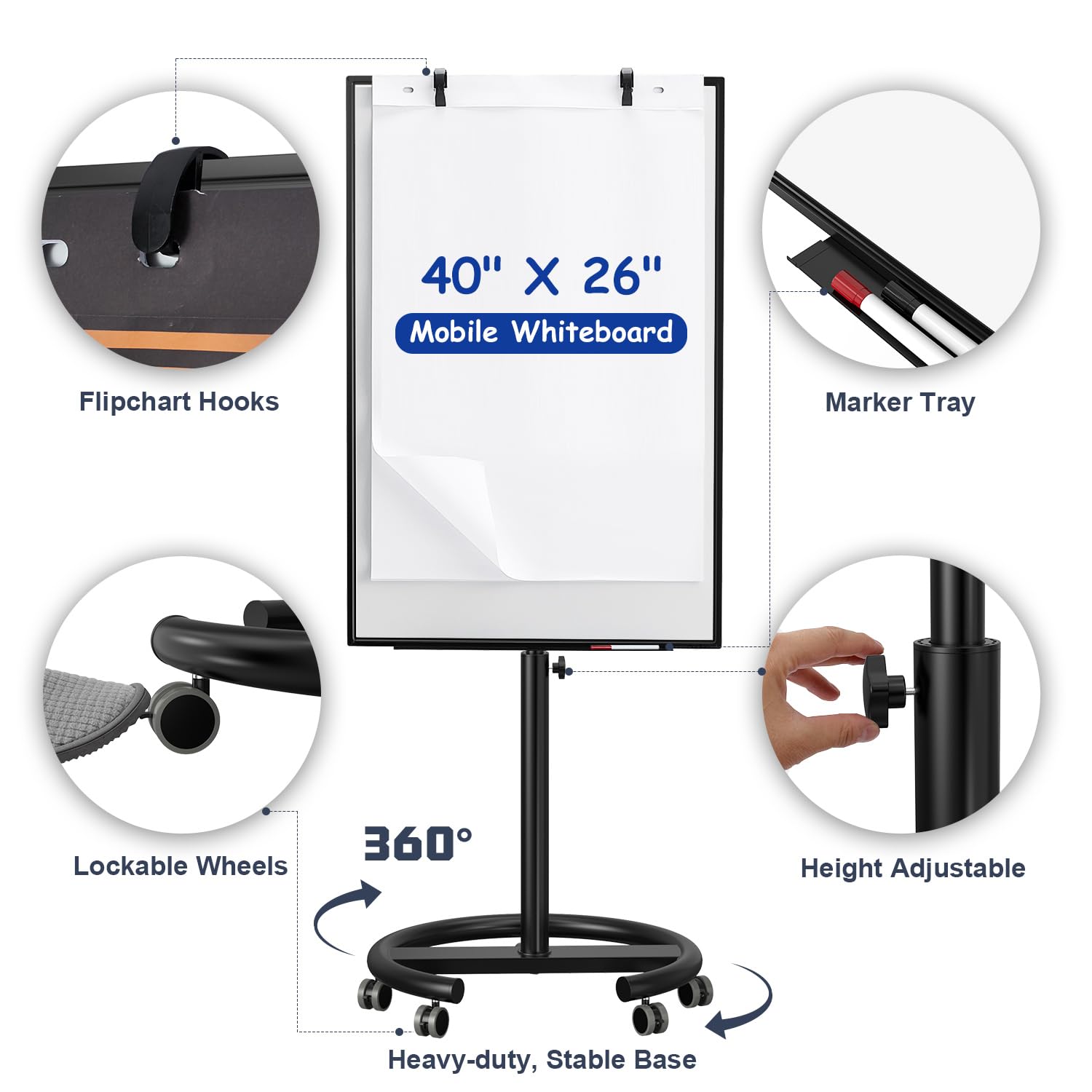 TANKEE 40 x 26 Inches Portable Magnetic Whiteboard Easel - Dry Erase Flip Chart Stand with 25-Sheet Paper Pad | Perfect for Office Meetings, Classroom Teaching & Home Organization