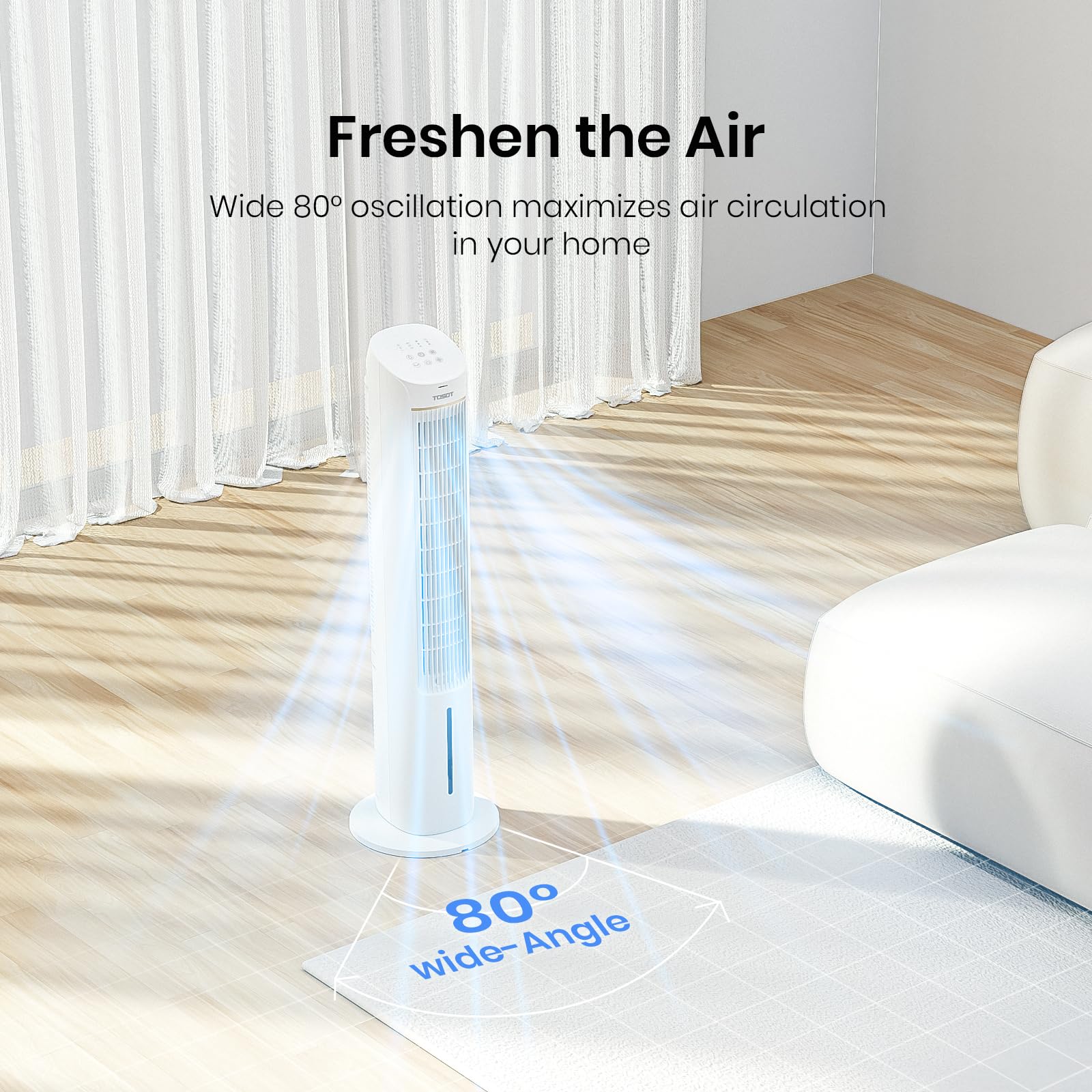TOSOT 80° Oscillating Tower Fan with Remote Control - 3 Speed Quiet Cooling Fan, 360m³/h CFM, 7-Hour Timer & 4L Removable Water Tank Humidifier - Includes 2 Ice Packs for Extra Cooling - Perfect for Bedroom, Living Room & Office Use