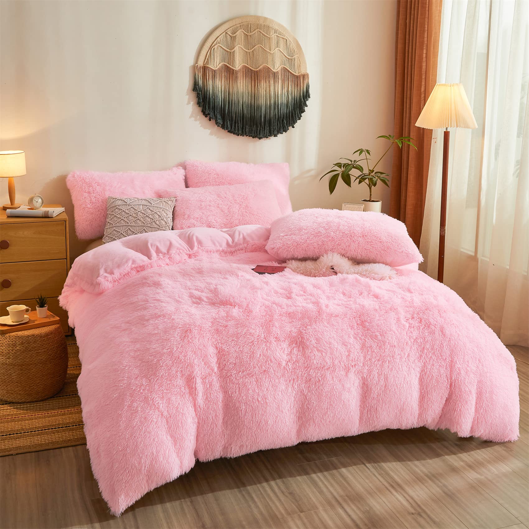 Befunny Fluffy Queen Comforter Set - 3pc Faux Fur Bedding with Plush Comforter & 2 Fuzzy Pillowcases, Shaggy Pink Luxury Bedding for Cozy Winter Nights & Stylish Bedroom Decor