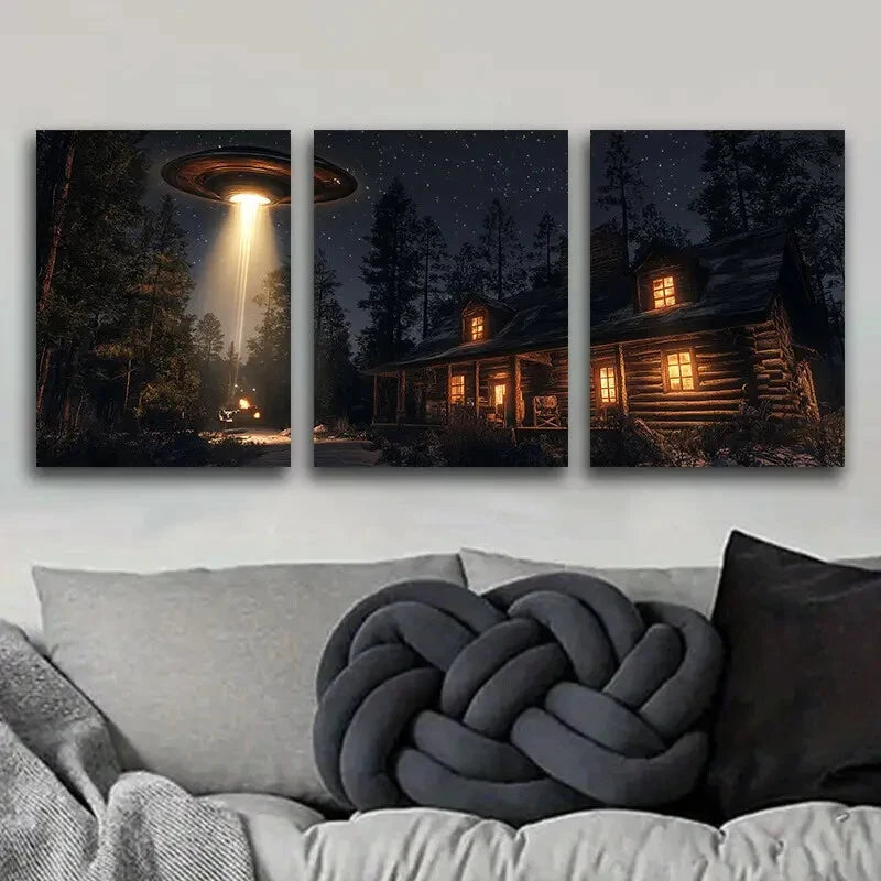 3-Piece Alien Cabin Art Deco Metal Print Wall Art - Ready to Hang Vintage Sci-Fi Poster Set for Living Room, Bedroom & Office Decor