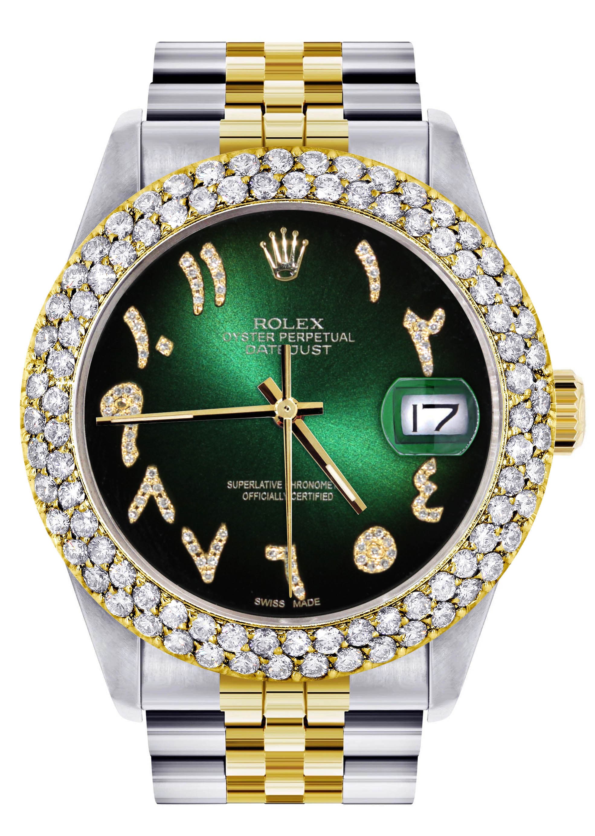 Luxury Diamond & Gold Rolex Watch for Women - 36mm Green Black Arabic Dial, 4.25 Carat Bezel, Jubilee Band | Perfect for Gifts, Anniversaries & Special Occasions