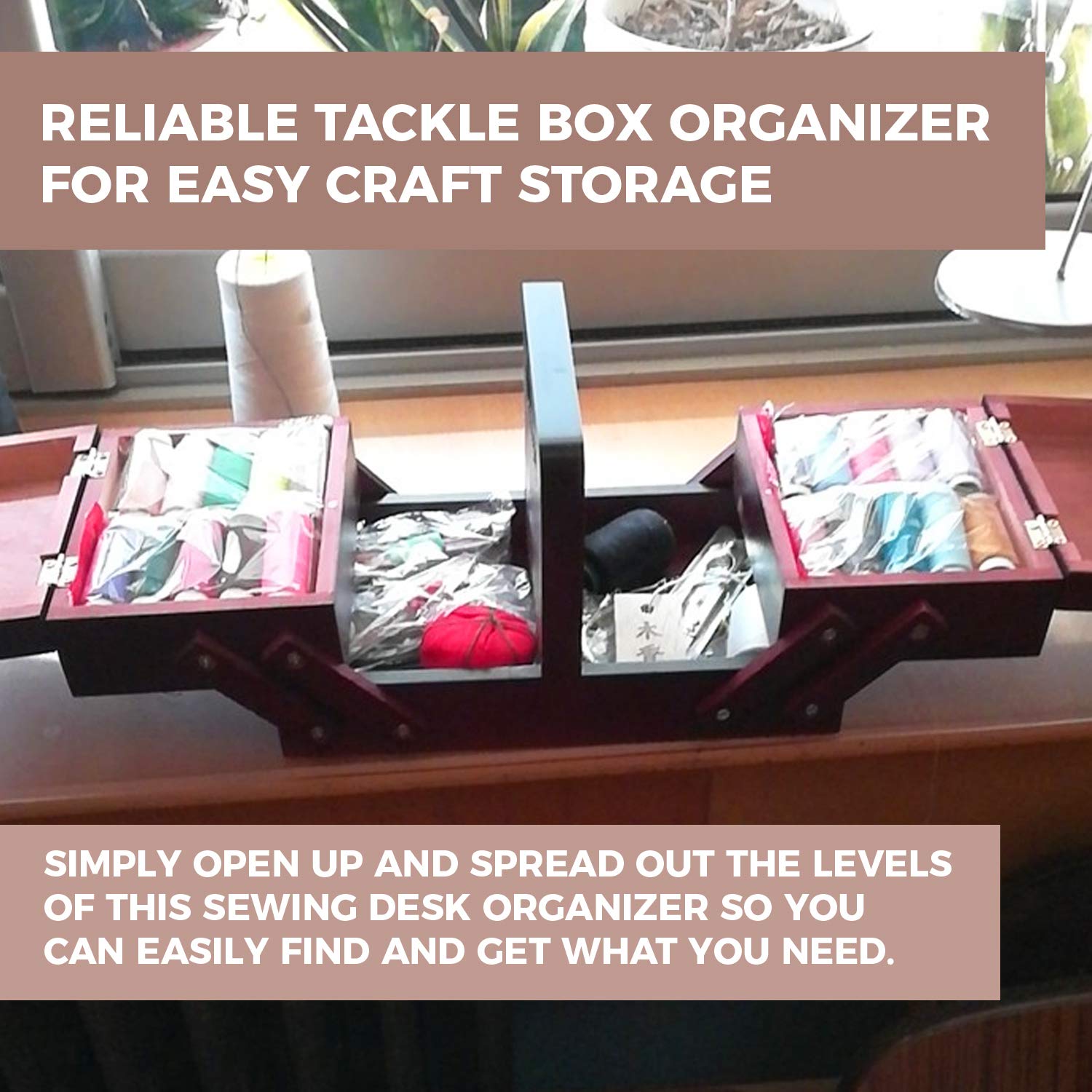 PRIMO SUPPLY Expandable Wooden Sewing Box with Handle - Organizer for Thread Spools, Embroidery Kits & Quilting Supplies - Portable Sewing Storage Basket for Crafters & DIY Enthusiasts - Perfect for Home Sewing Rooms, Craft Studios & Travel Projects