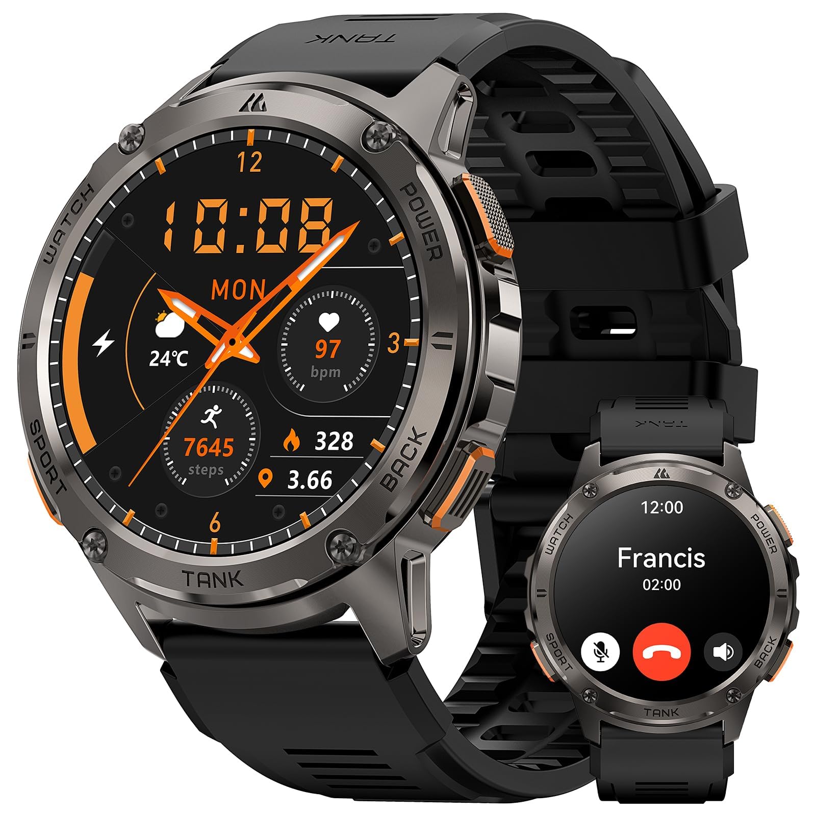 Smart Watch for Men - 480mAh Long Battery Life, 50M Waterproof Military Fitness Tracker, Full Metal Body with Call Function, AI Voice Assistant Compatible with Android & iOS (Black) - Perfect for Workouts, Swimming & Daily Use