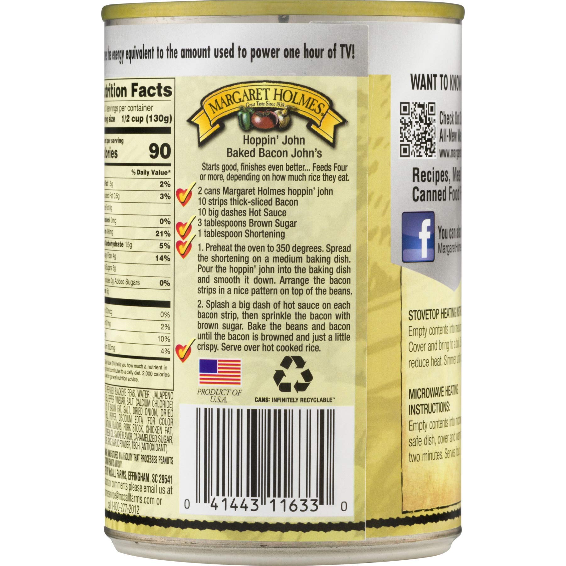 Margaret Holmes Hoppin' John with Black Eyed Peas, Peppers & Onions - 2 Pack (14.5 oz Cans) - Southern Style Canned Beans for Quick Meals, Camping & Emergency Food Storage