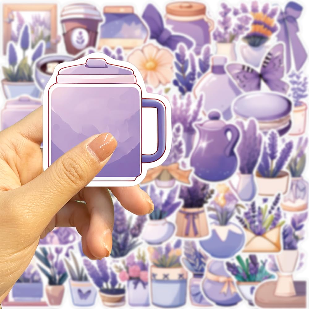 50Pcs Lavender Flower Stickers - Waterproof Vinyl Decals for Water Bottles, Laptop, Luggage, Cup, Phone & Skateboard - Perfect for DIY Crafts, Scrapbooking & Personalizing Accessories