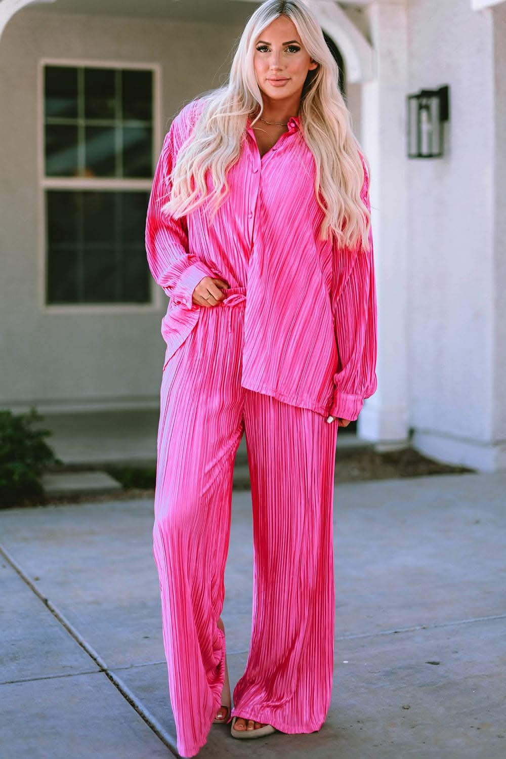 Elegant Pleated Top and Wide Leg Pants Set for Women - Trendy Two Piece Outfit for Office, Party & Casual Wear