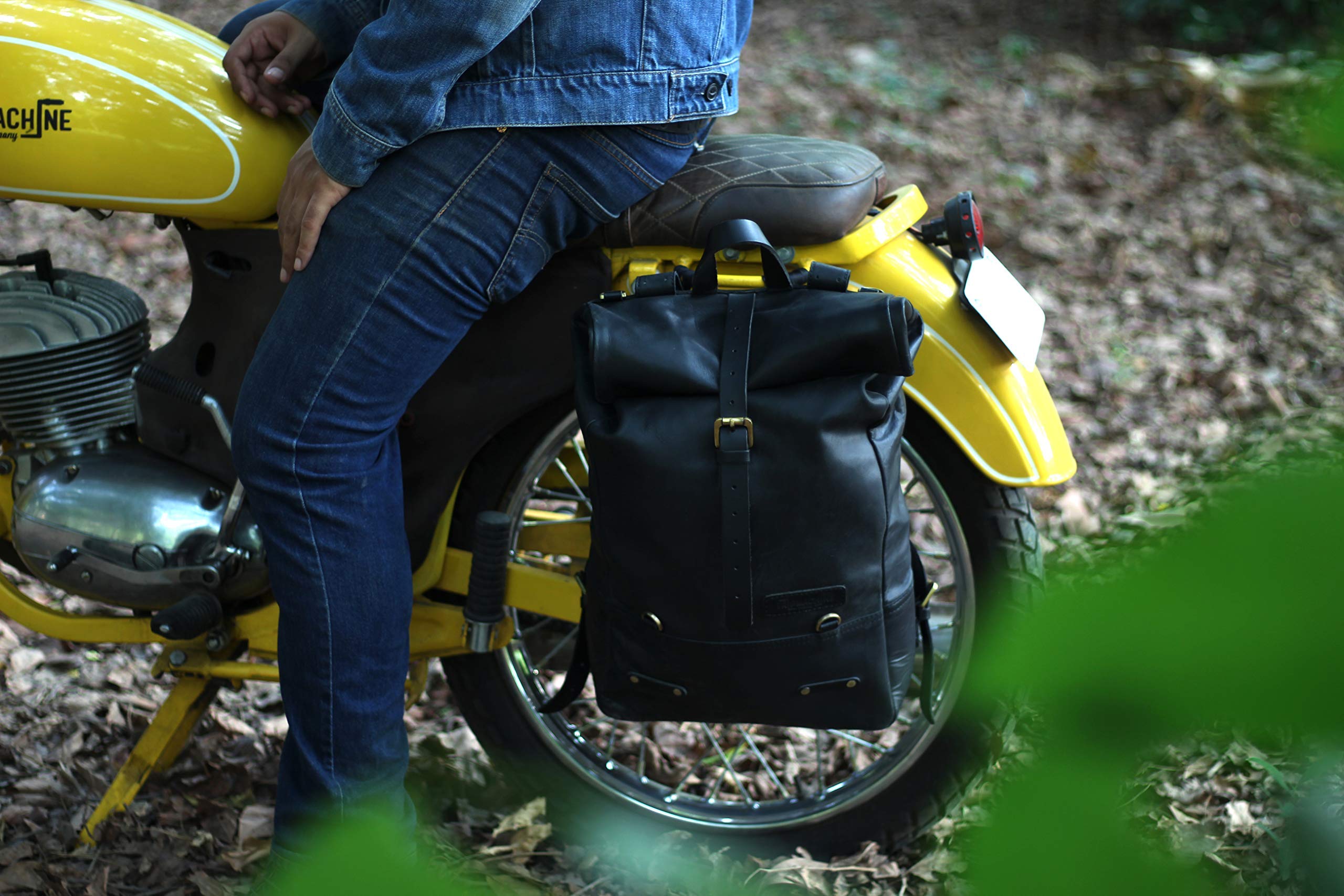 Trip Machine Leather Rolling Backpack - Waterproof Motorcycle Pannier & Travel Laptop Bag with 15L Capacity | Classic Roll Top Design for Commuting, Business Trips & Adventure Riding (Black)