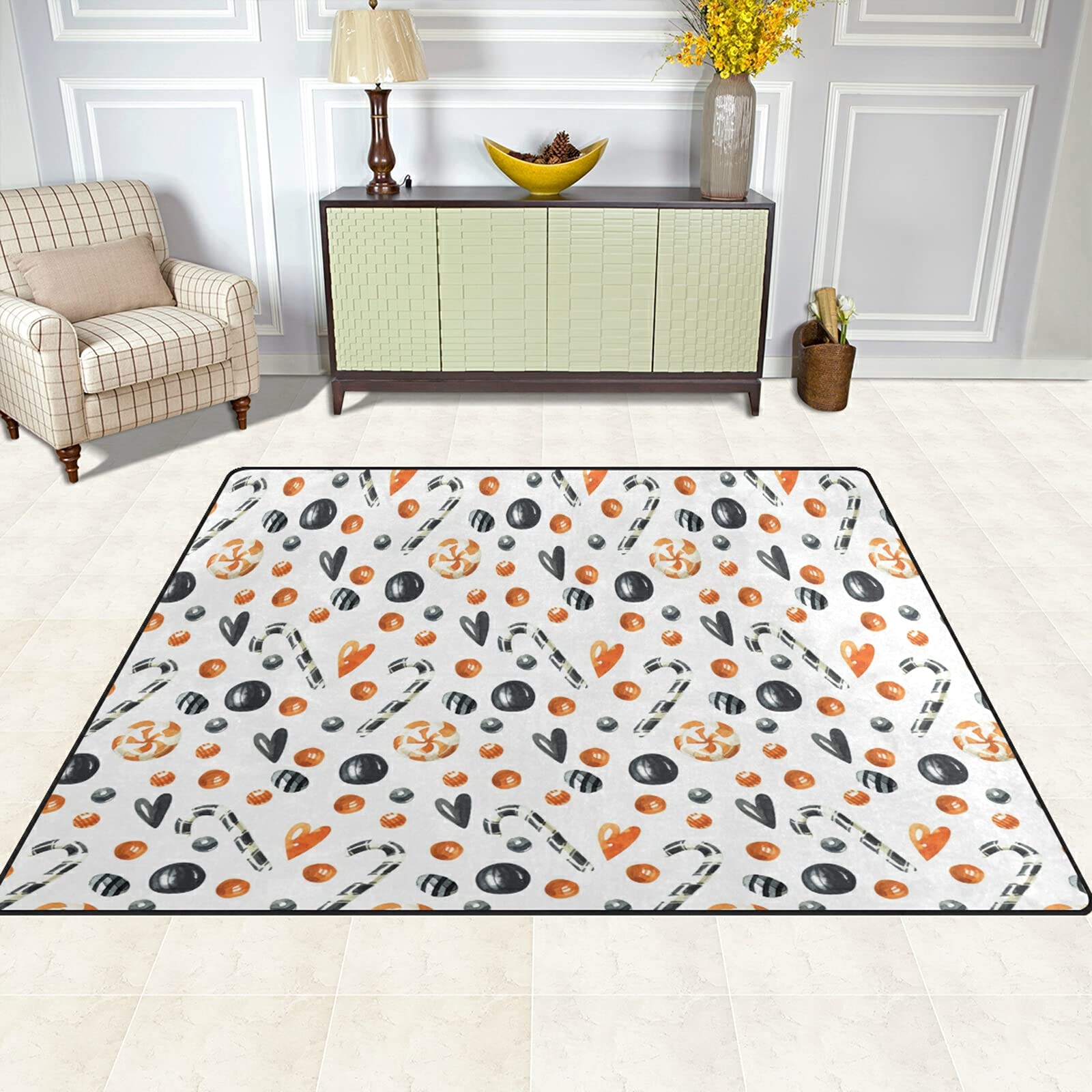 5x7 Washable Modern Area Rugs - Skull Candies Halloween Soft Anti-Skid Nursery Rug, Non-Slip Carpet Floor Mat for Living Room, Bedroom & Outdoor Decor | Perfect for Halloween Party, Kids Room & Home Decorating