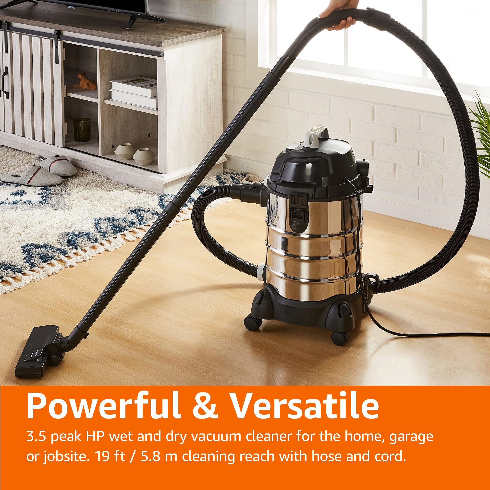 Amazon Basics 6 Gallon Wet Dry Vacuum Cleaner, 3.5 HP Stainless Steel Shop Vac - Grey/Black - Ideal for Garage, Workshop, and Home Cleaning