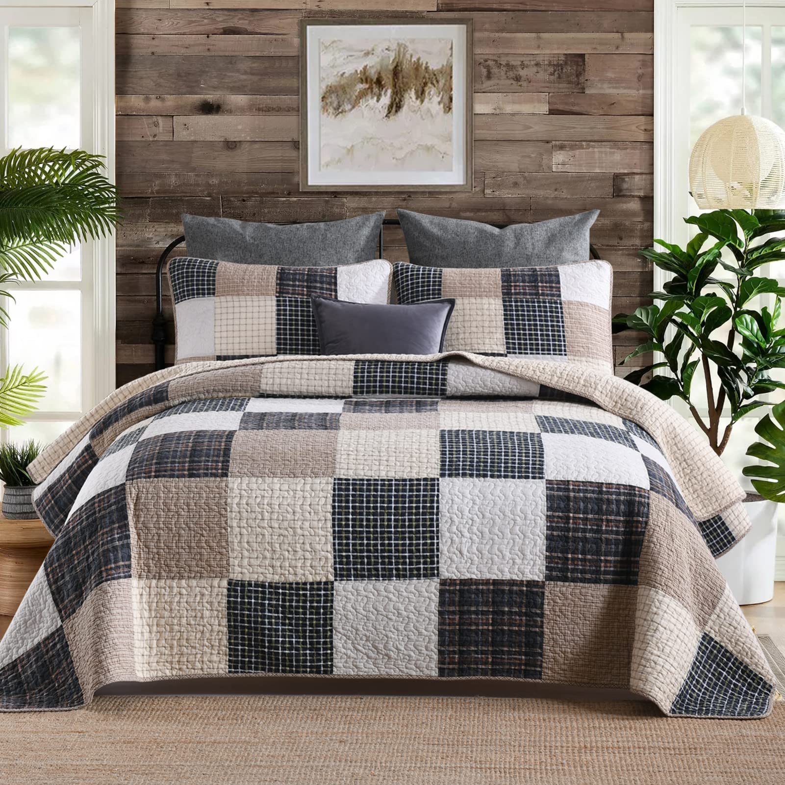 SahSahCasa 100% Cotton King Size Quilt Set - Farmhouse Patchwork Plaid Lightweight Bedspread & Comforter for All Seasons | Rustic Beige Quilt for King Bed | Perfect for Master Bedroom, Guest Room & Cozy Farmhouse Decor