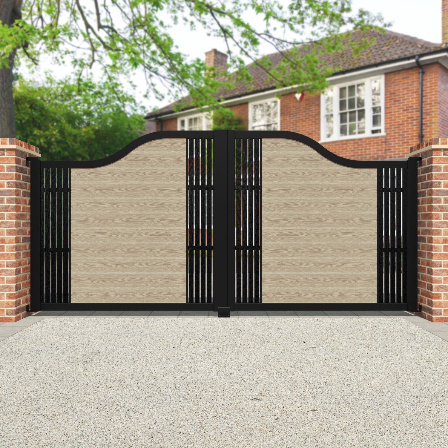 Classic Aspen Curved Top Driveway Gate - Light Oak Finish with Middle & End Screen Panels - Perfect for Residential Driveway Security and Curb Appeal Enhancement
