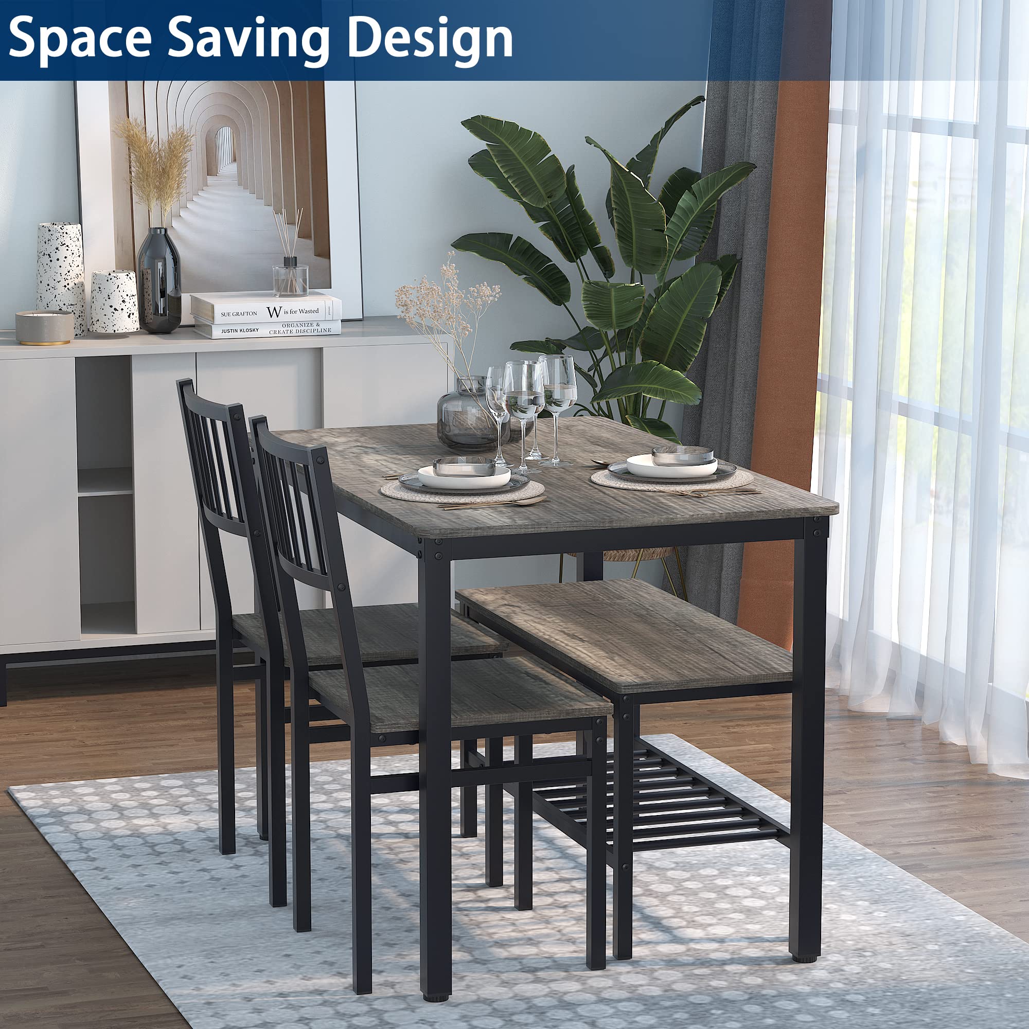 **Teraves 4-Piece Dining Table Set with 2 Chairs & Bench - 120cm Kitchen Table, Computer Desk, Black Oak & Black Frame - Perfect for Small Spaces, Dining Rooms & Home Offices**