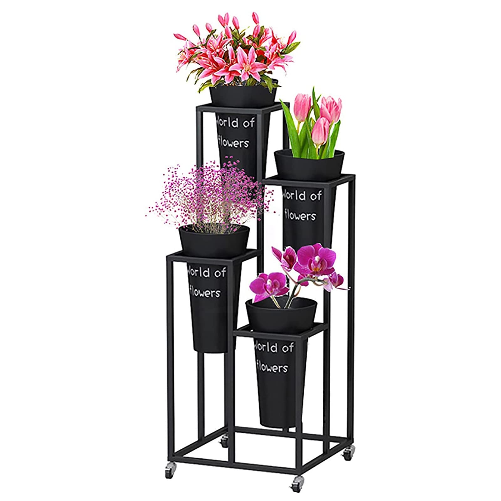 Modern Wrought Iron Plant Stand with Wheels - Flower Pot Holder & Display Shelf for Home, Garden, Balcony, Outdoor Decor - Perfect for Flower Shops, Lobby Art & Indoor/Outdoor Plant Display