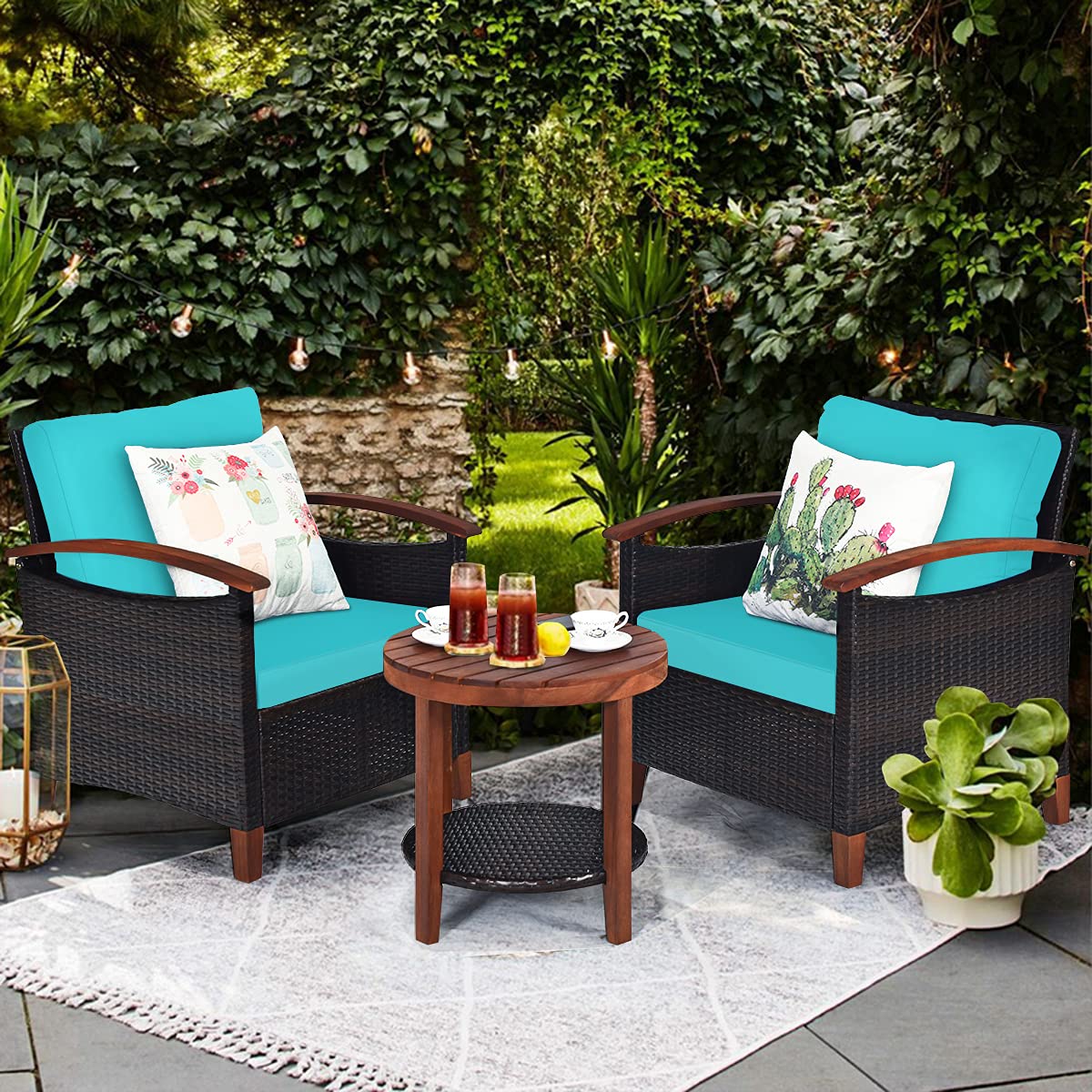 3-Piece Outdoor Patio Furniture Set - Rattan Sofa with Washable Cushions & Acacia Wood Coffee Table - Weather-Resistant Wicker Conversation Set for Garden, Poolside, Balcony (Turquoise) - Perfect for Relaxing, Entertaining & Outdoor Lounging