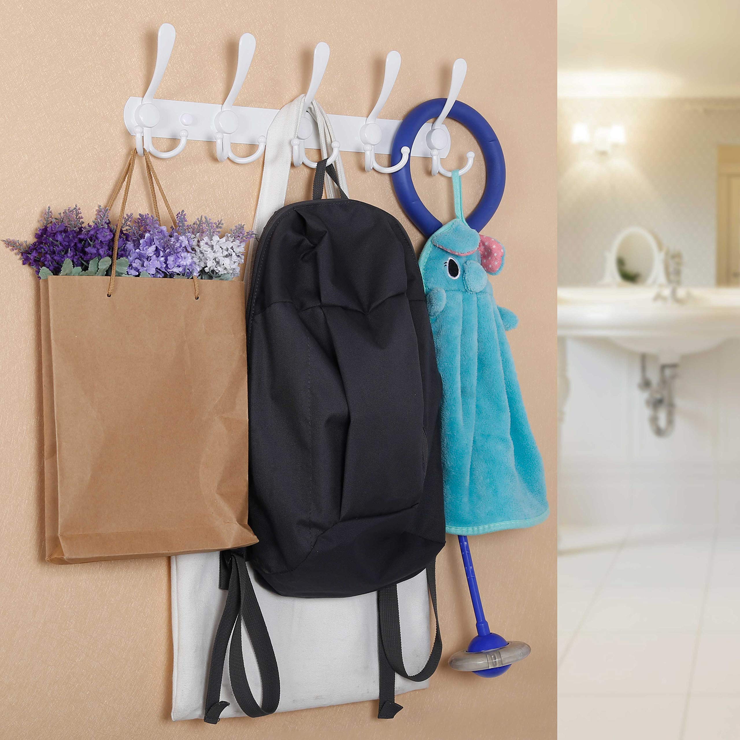 Wall Mounted Coat Rack with Hooks - White for Jackets & Clothes in Entryway
