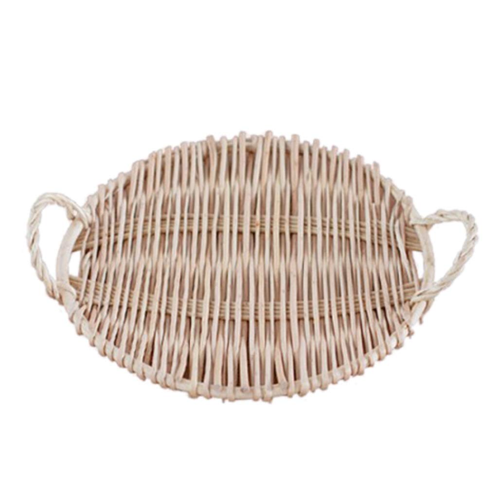 RENSLAT Rattan Round Fruit Basket with Handle - Natural Woven Storage Tray for Breakfast Table, Bread, Pastries & Snacks | Perfect for Kitchen Counter, Dining Table & Picnic Organizer