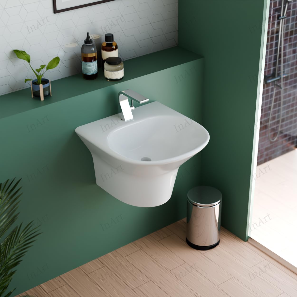 Premium Ceramic Half Pedestal Wall-Mounted Bathroom Sink - 14
