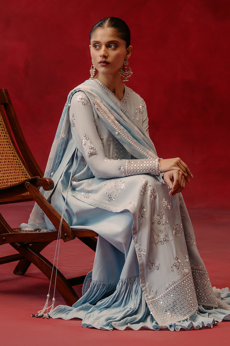 MAJESTIC AZURE 3-Piece Silk Embroidered Suit for Women | Luxury Formal Wear | Wedding, Party & Special Occasion Outfit