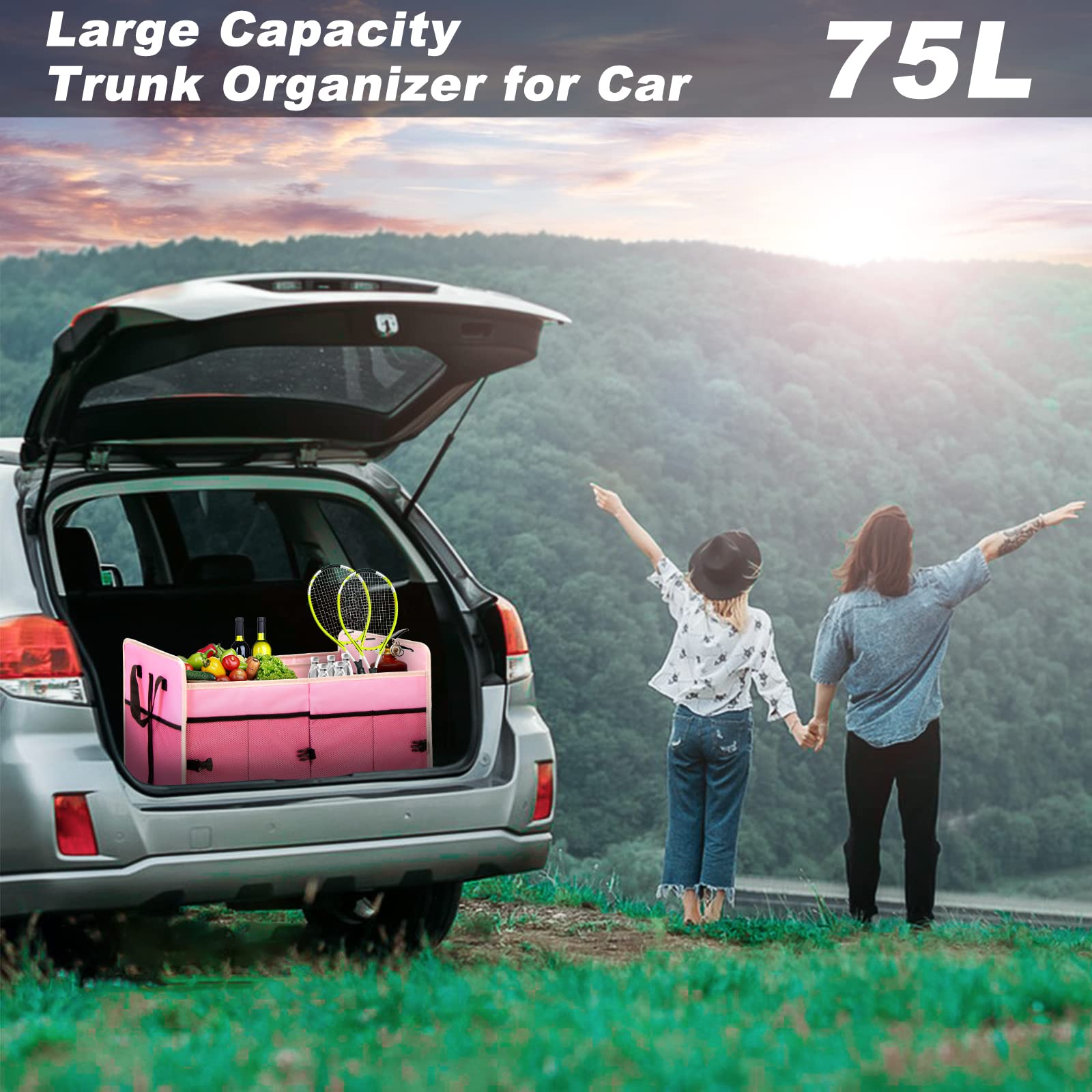 Collapsible 75L Large Capacity Car Trunk Organizer with 2 Compartments - Portable SUV Storage for Travel, Groceries & Sports Gear (Pink)