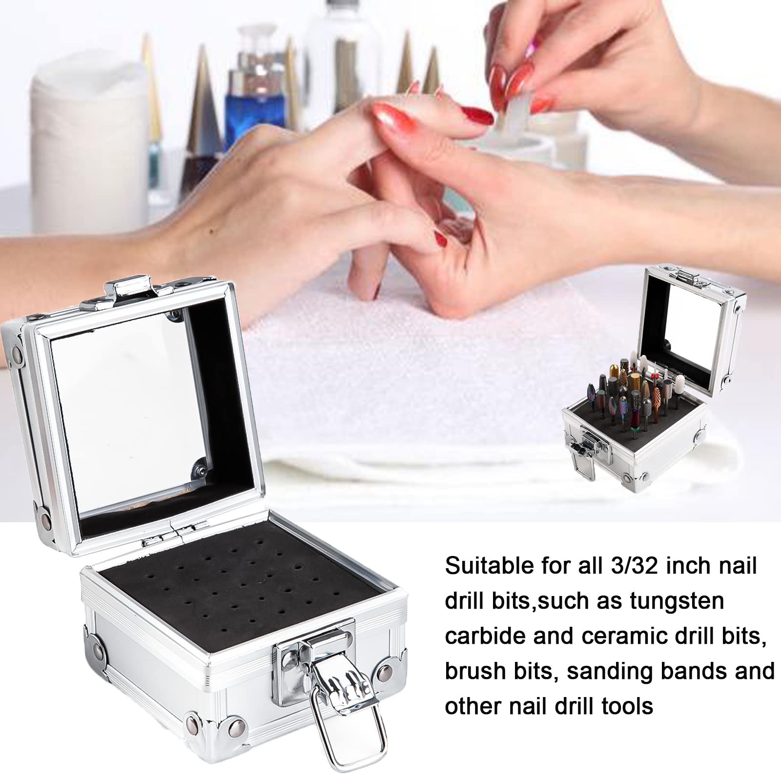 LXIANGN 25-Slot Aluminum Nail Drill Bit Holder Storage Box - Professional Efile Nail Bits Organizer & Display Case for Nail Art (Silver) - Perfect for Salon, Home Manicure & Nail Technician Storage