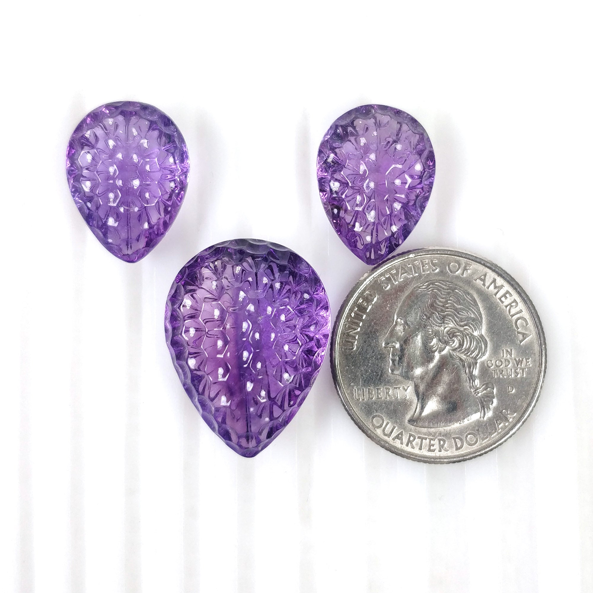 Natural Untreated Purple Amethyst Gemstone Carving - 46.40cts Hand Carved Pear Briolette (17.5*13mm & 23.5*18mm, 3pcs) | Healing Crystal Jewelry Making, Meditation & Spiritual Decor