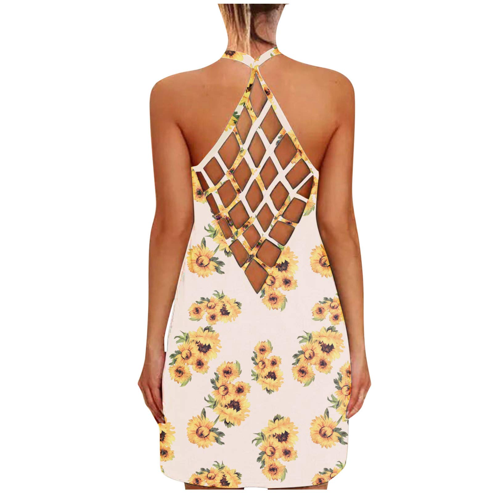 ZASUN Women's Summer Casual Short Dress - Floral Sunflower Print, Backless Hollow Out Tank Sundress for Beach, Vacation & Outdoor Activities | Lightweight Breathable Fashion Dress