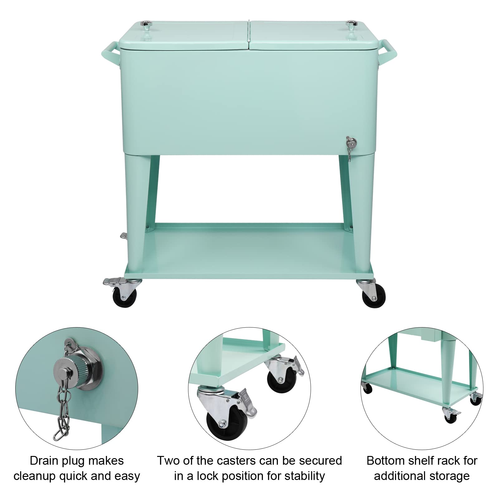 VINGLI 80 Quart Rolling Cooler with Wheels - Portable Outdoor Party Ice Chest for Drinks, Beverage Cooler Cart with Shelf, Bottle Opener & Water Pipe - Perfect for Backyard BBQs, Beach Trips, Camping and Tailgating Parties