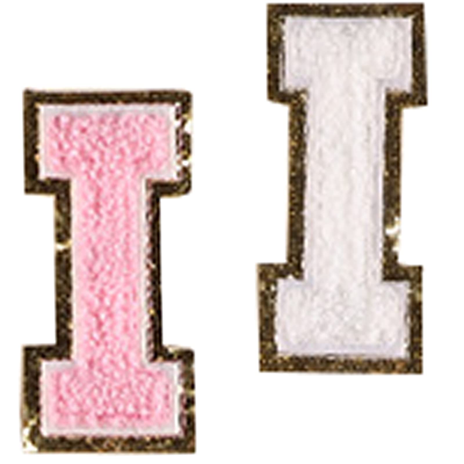 Iron On Letter Patches with Gold Glitter Border - Varsity Initial Patches for Jackets, Bags & DIY Crafts (Pink & White, 2PCS) - Perfect for Customizing Denim, Backpacks & School Spirit Wear