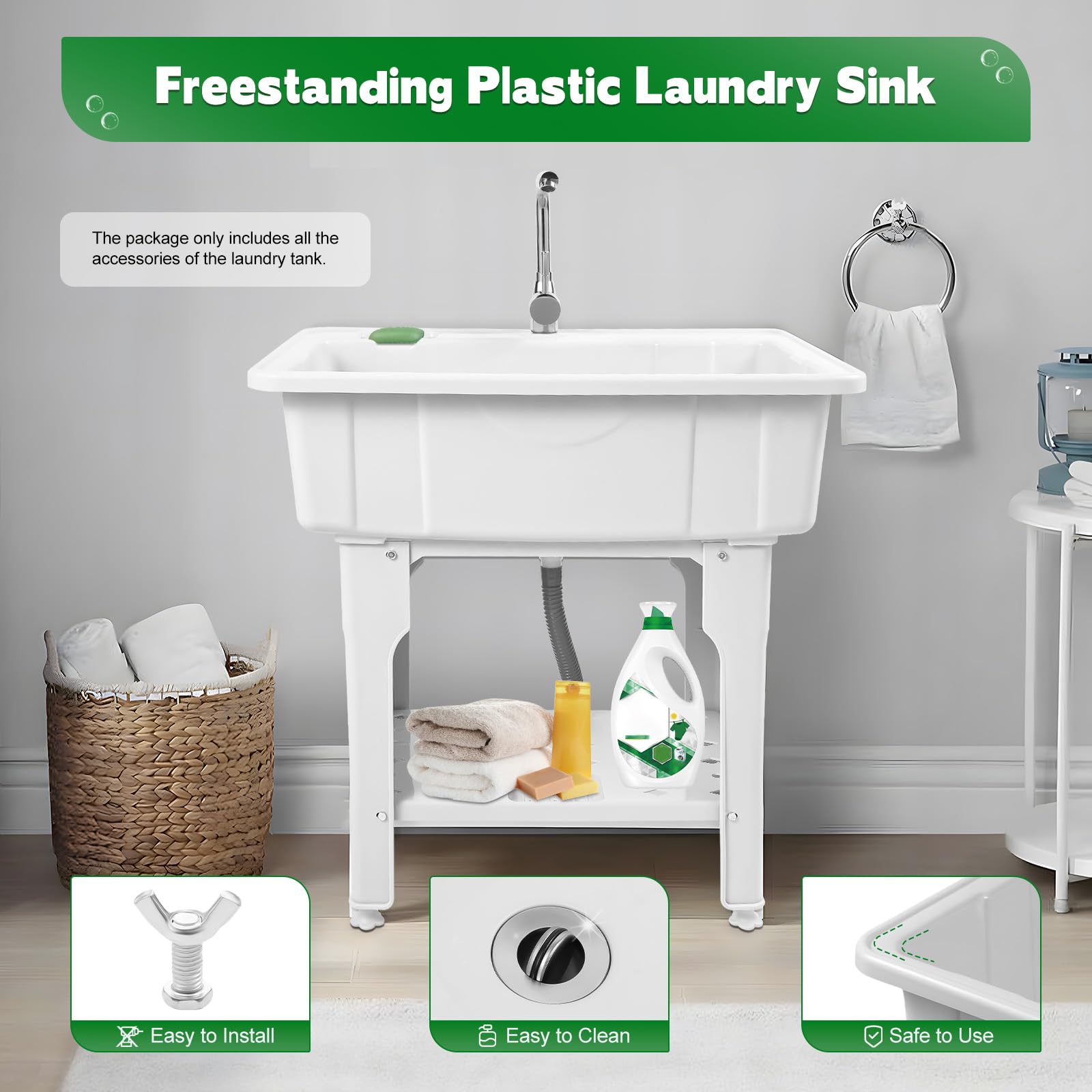 Freestanding Laundry Sink with Faucet & Storage - White Plastic Wash Basin for Indoor/Outdoor Use in Laundry Rooms & Garages