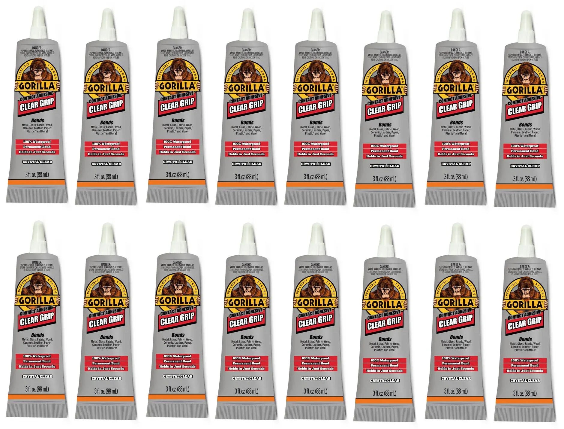 Gorilla Clear Grip Waterproof Contact Adhesive - 16 Pack (0.2 oz Tubes) - Strong Bonding for Crafts, DIY Projects & Home Repairs - Waterproof & Durable Glue for Wood, Metal, Glass & More