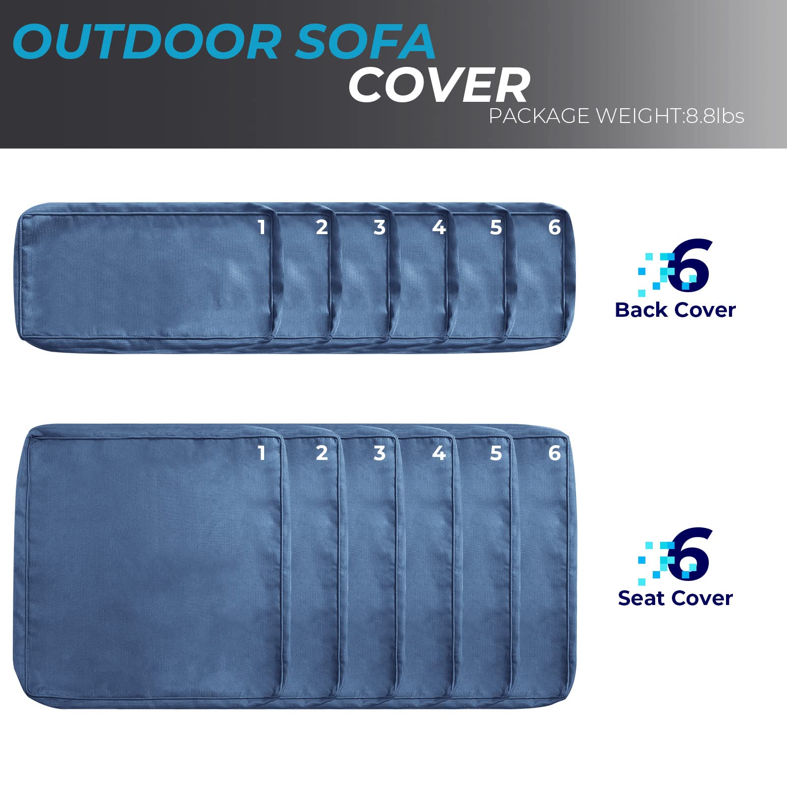 12-Piece Outdoor Patio Cushion Covers Set - Waterproof Replacement Slipcovers (6 Seat + 6 Back) with Zipper for Patio Furniture, Sofa, Couch - Durable & UV-Resistant - Perfect for Backyard, Deck, Poolside (Blue)