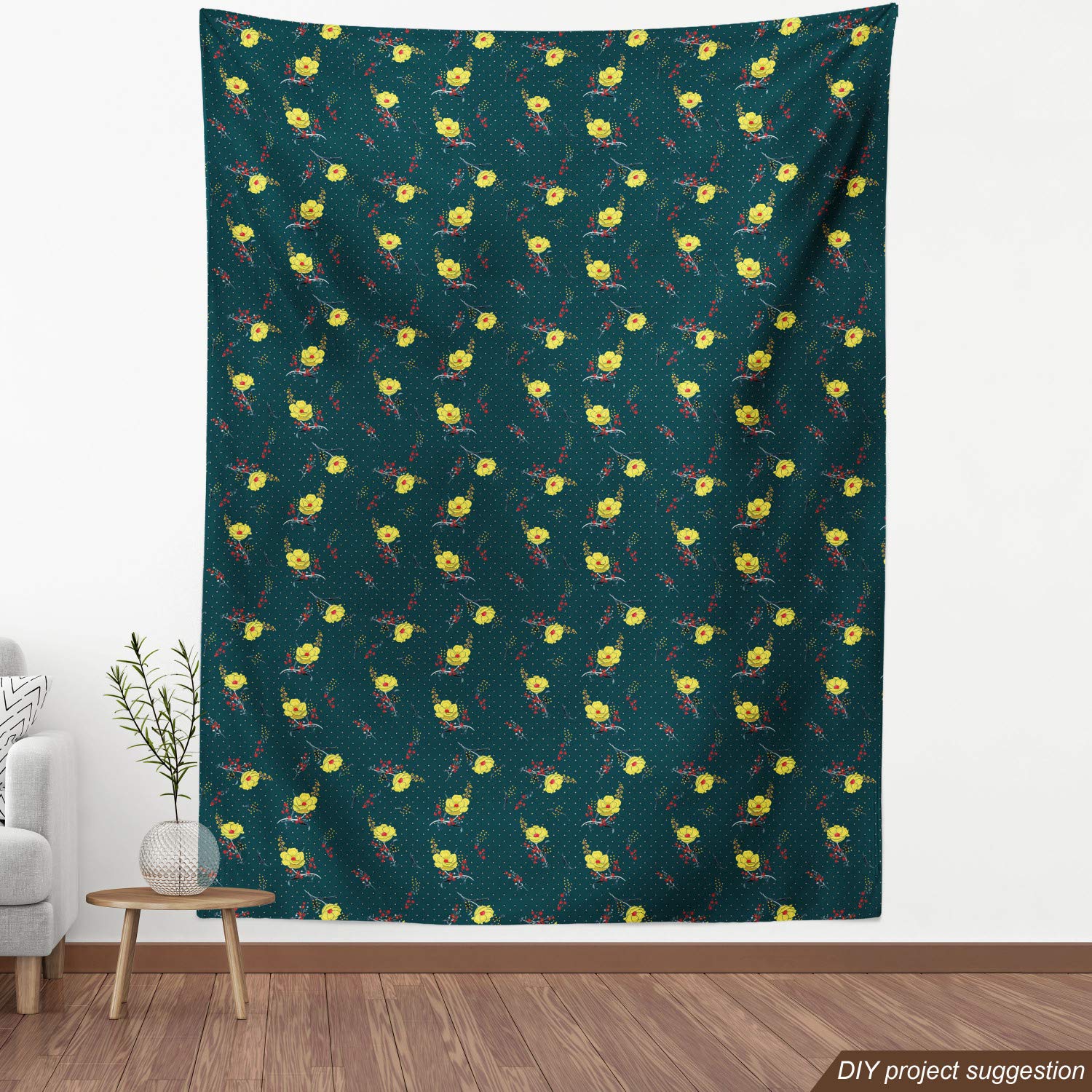 Ambesonne Floral Fabric by The Yard - Nature Style Spring Blooms with Polka Dots Retro Design, Decorative Upholstery Fabric for Sofa, Curtains, Pillows & Home Decor (10 Yards, Hunter Green & Yellow) - Perfect for DIY Projects, Crafting & Home Accents