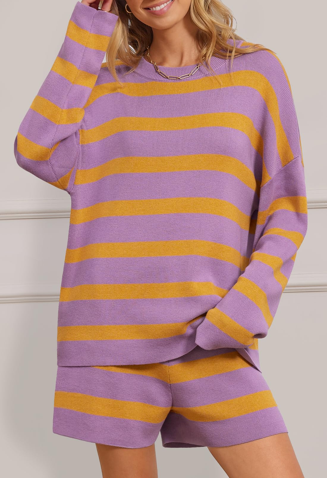 MEROKEETY Women's 2-Piece Sweater Lounge Set - Striped Long Sleeve Top & Shorts - Oversized Matching Outfit for Women - Cozy Loungewear for Home, Yoga & Casual Wear