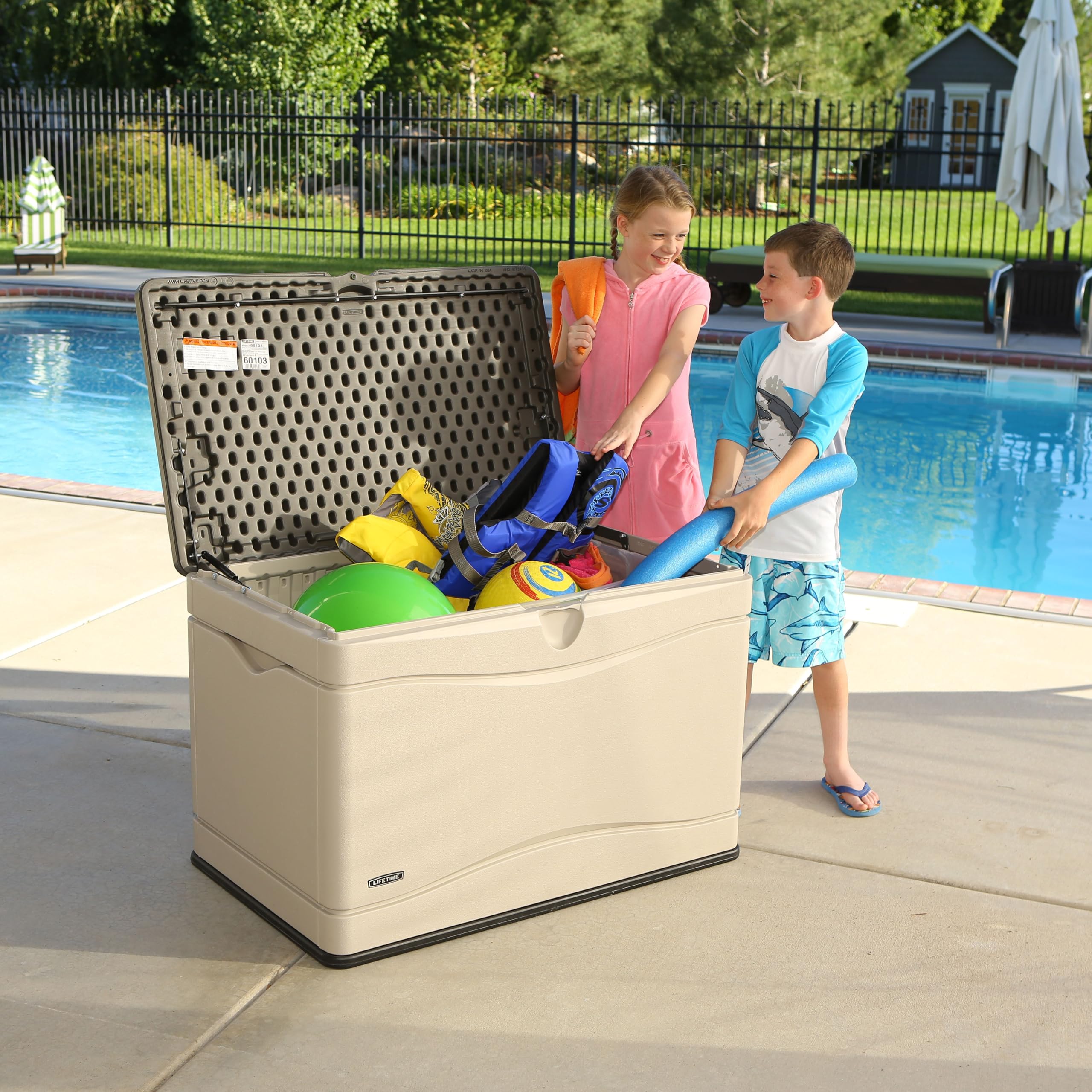 Lifetime 60103 80 Gallon Deck Storage Box - Outdoor Weatherproof Storage for Patio Furniture Cushions, Pool Toys & Garden Tools - Desert Sand/Brown