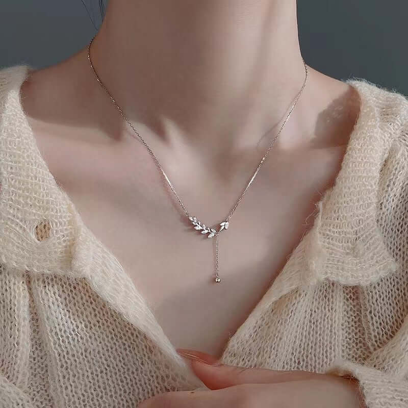 Marquise Olive Branch Leaf Y Necklace - Elegant Sterling Silver Pendant for Women | Perfect for Weddings, Anniversaries & Everyday Wear | R8236