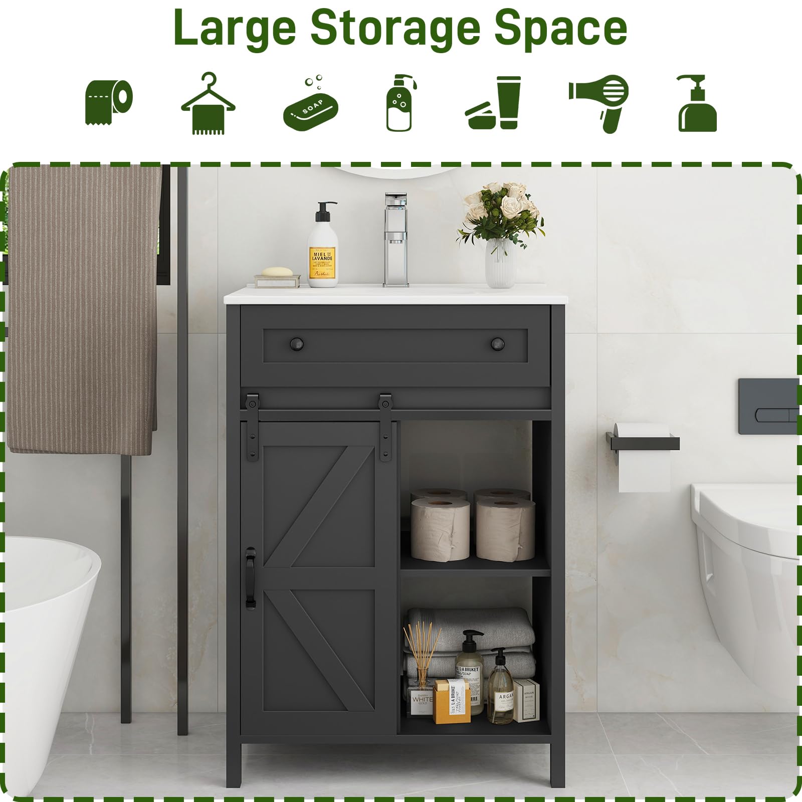 Vabches Freestanding Bathroom Vanity Set with Sink & Matte Silver Faucet - 36 Inch Bath Storage Cabinet with Sliding Doors, Drawers & Countertop - Modern Grey Bath Vanity for Small Spaces, Powder Room or Master Bath Remodel