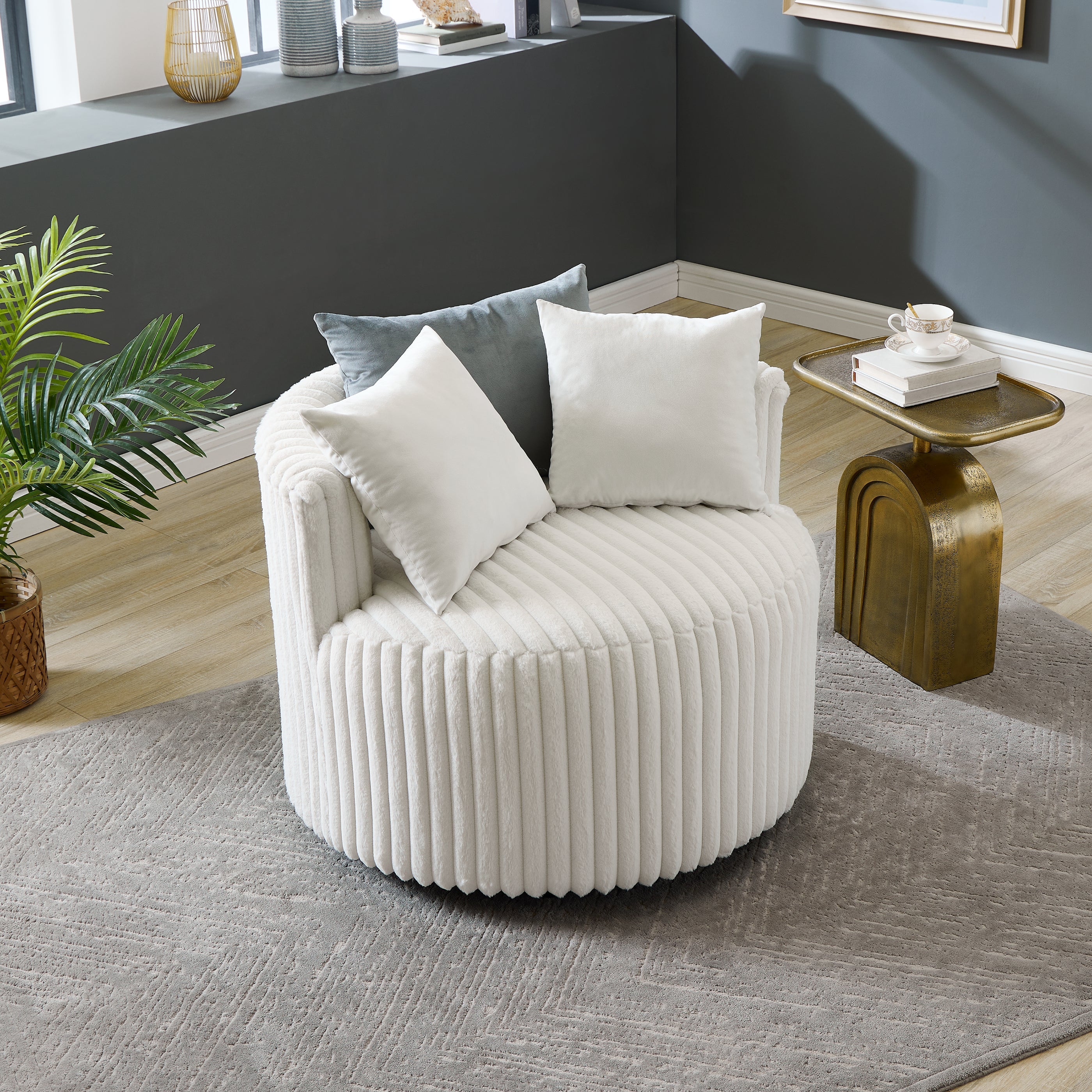 Roundhill Furniture Malna Plush Wide Wale Corduroy Upholstered Barrel Accent Chair with Wheels - Soft & Stylish Living Room Seating, Off White - Perfect for Home Office, Lounge & Reading Nook