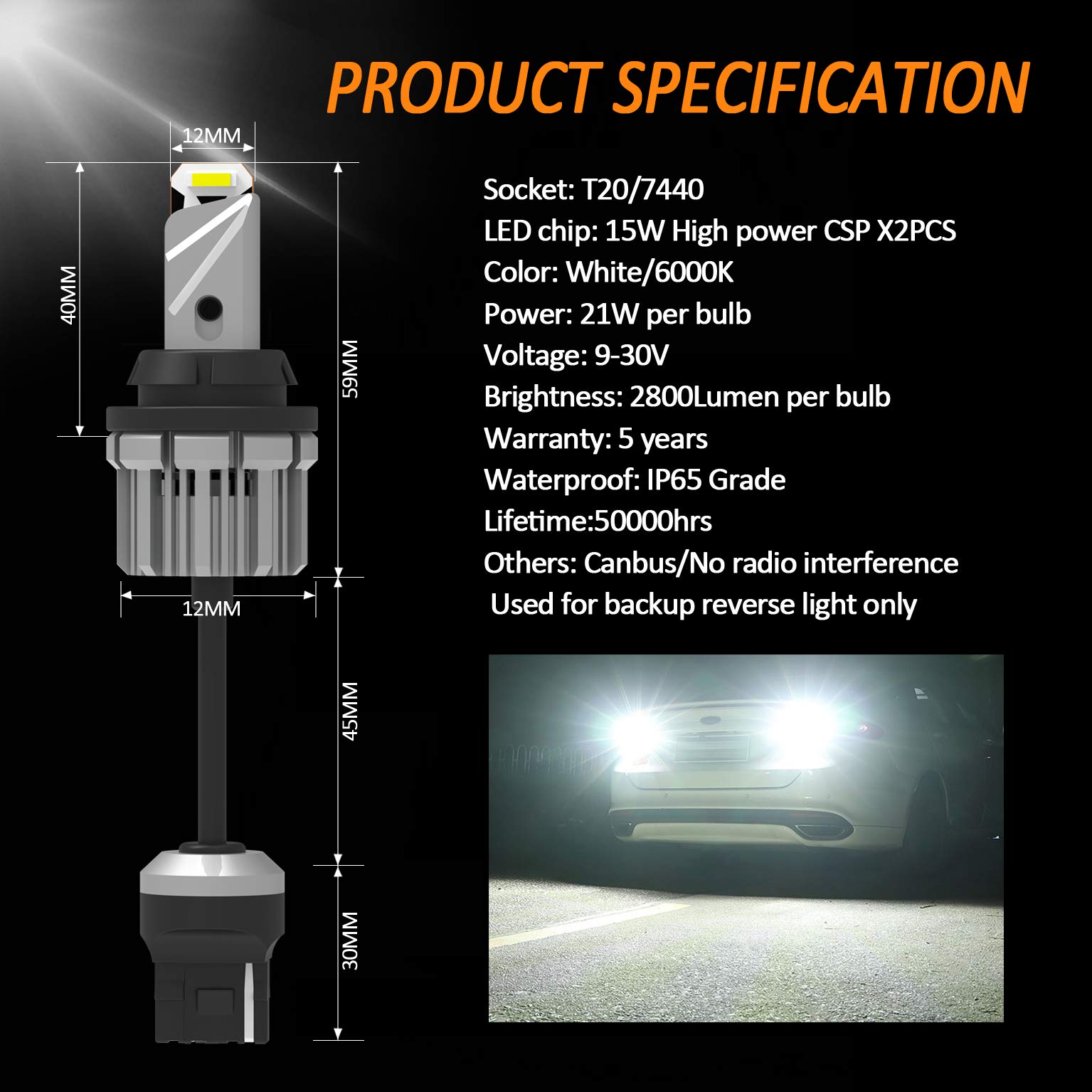 D-Lumina 7440 7443 LED Backup Reverse Light Bulbs - 5600 Lumens, 21W, 2-SMD CSP Chips, T20 7441 W21W, Canbus Error Free, Plug & Play, 6000K White (Pack of 2) - Perfect for Car & Truck Reverse Lights, Parking, Night Driving, and Enhanced Visibility