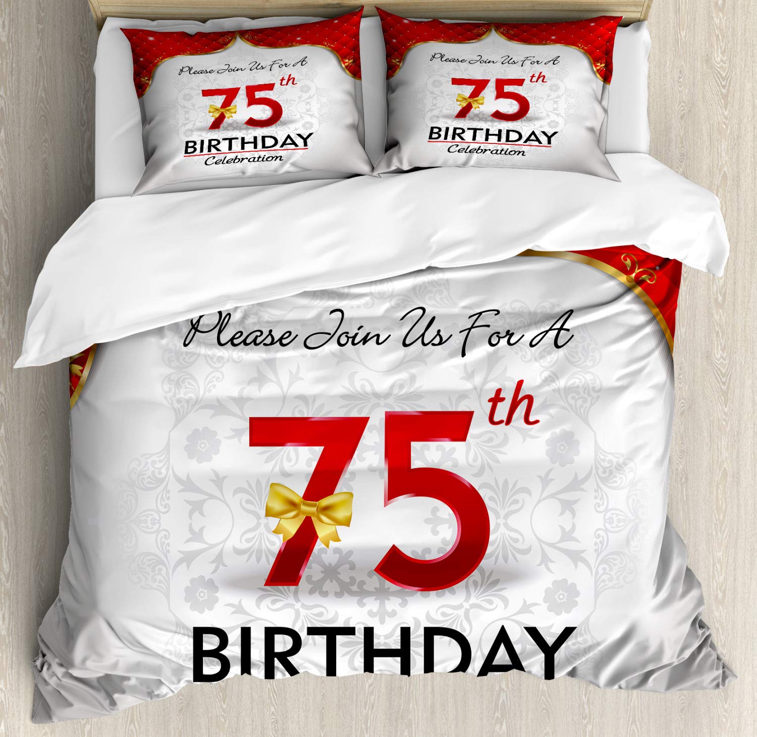 Ambesonne 75th Birthday Duvet Cover Set - Royal Classic Floral Invitation Design 3-Piece Bedding Set with 2 Pillow Shams for California King Size Bed | Perfect for Birthday Parties, Anniversary Celebrations & Guest Room Decor
