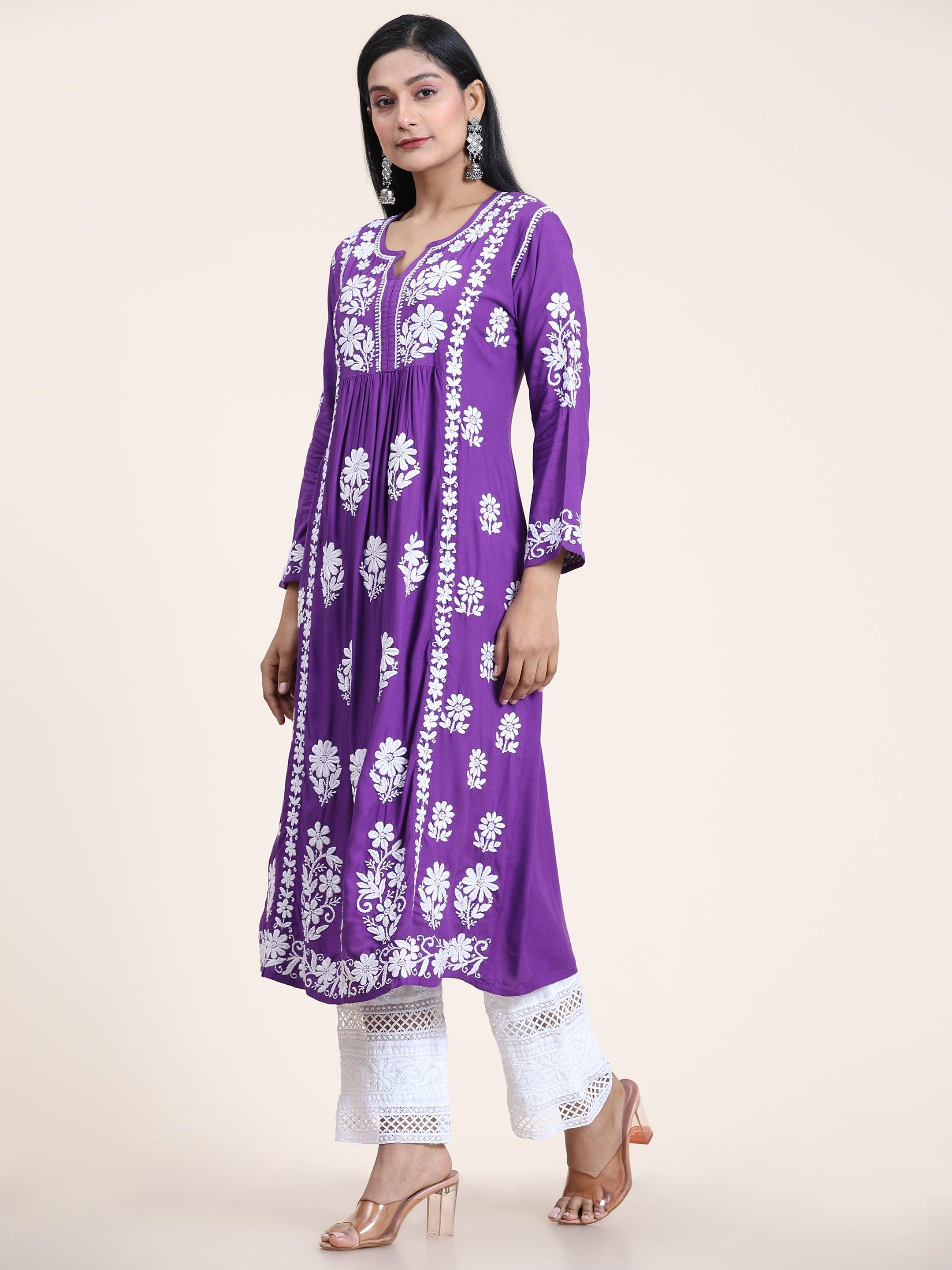 Jiya Jain Chikankari Kurti by House of Kari - Elegant Purple Embroidered Tunic Top for Women | Perfect for Festivals, Weddings & Ethnic Occasions