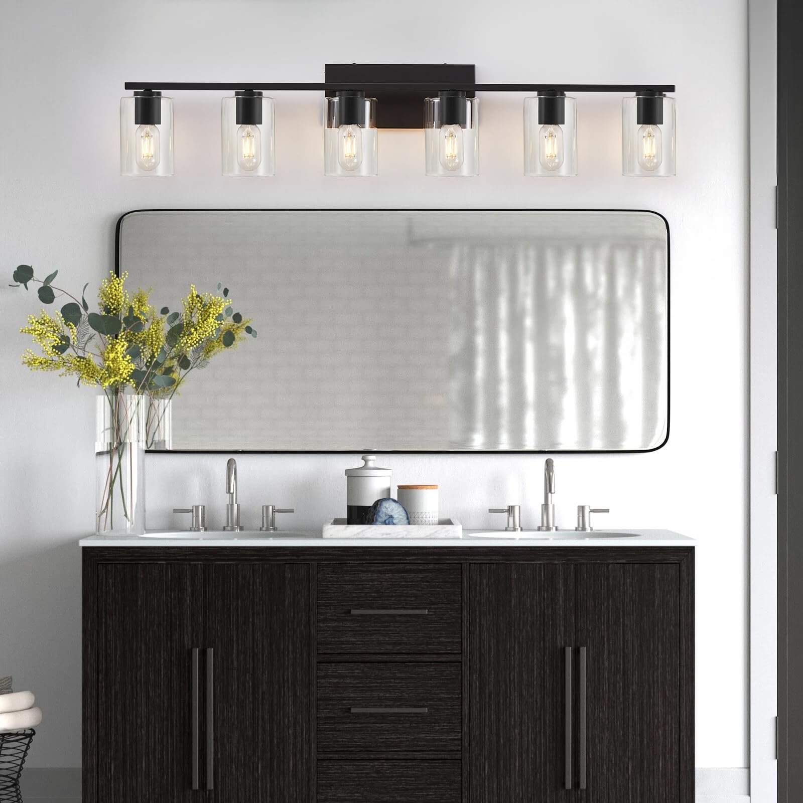 6-Light Black Bathroom Vanity Lighting with Clear Glass Shade - Modern Metal Vanity Lights for Bathroom, Bedroom & Living Room - Perfect Over Mirror for Home Decor