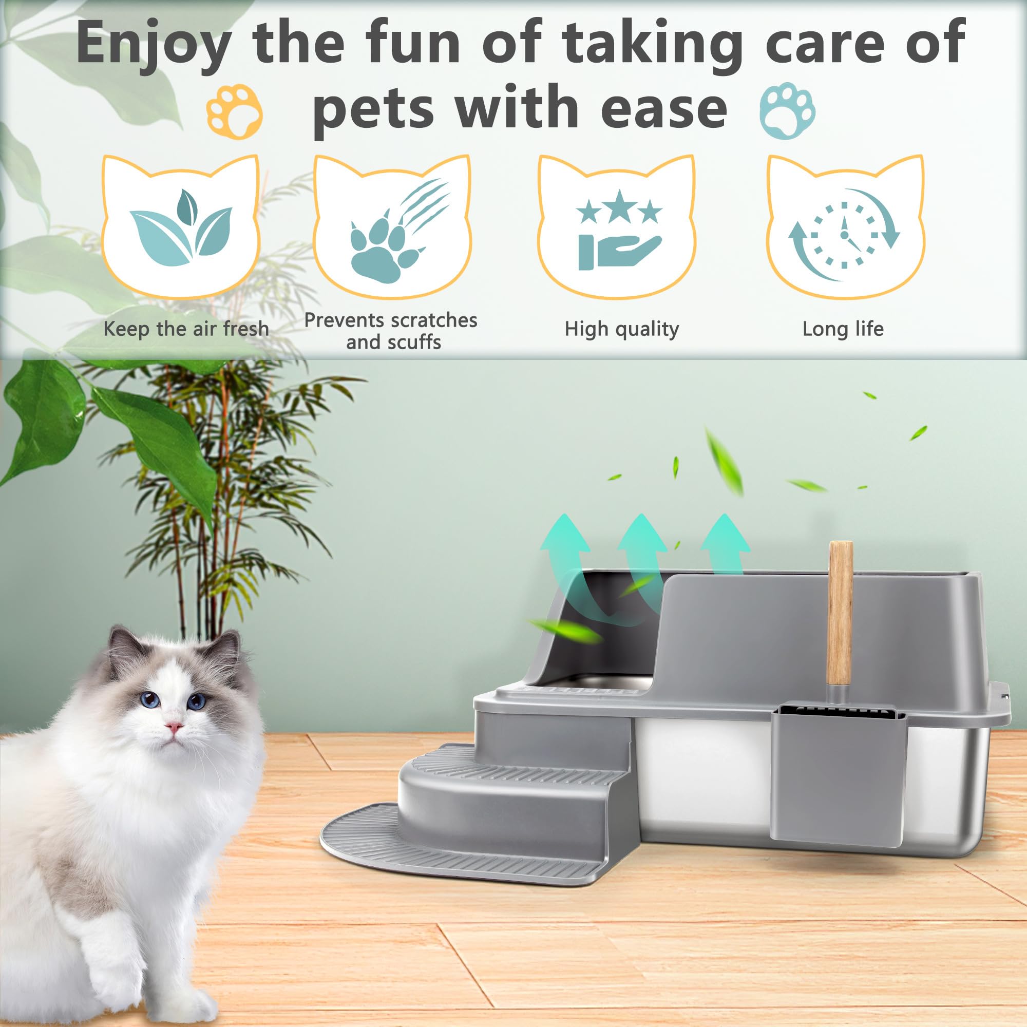 Stainless Steel Cat Litter Box with Steps - XL Size for Large Cats