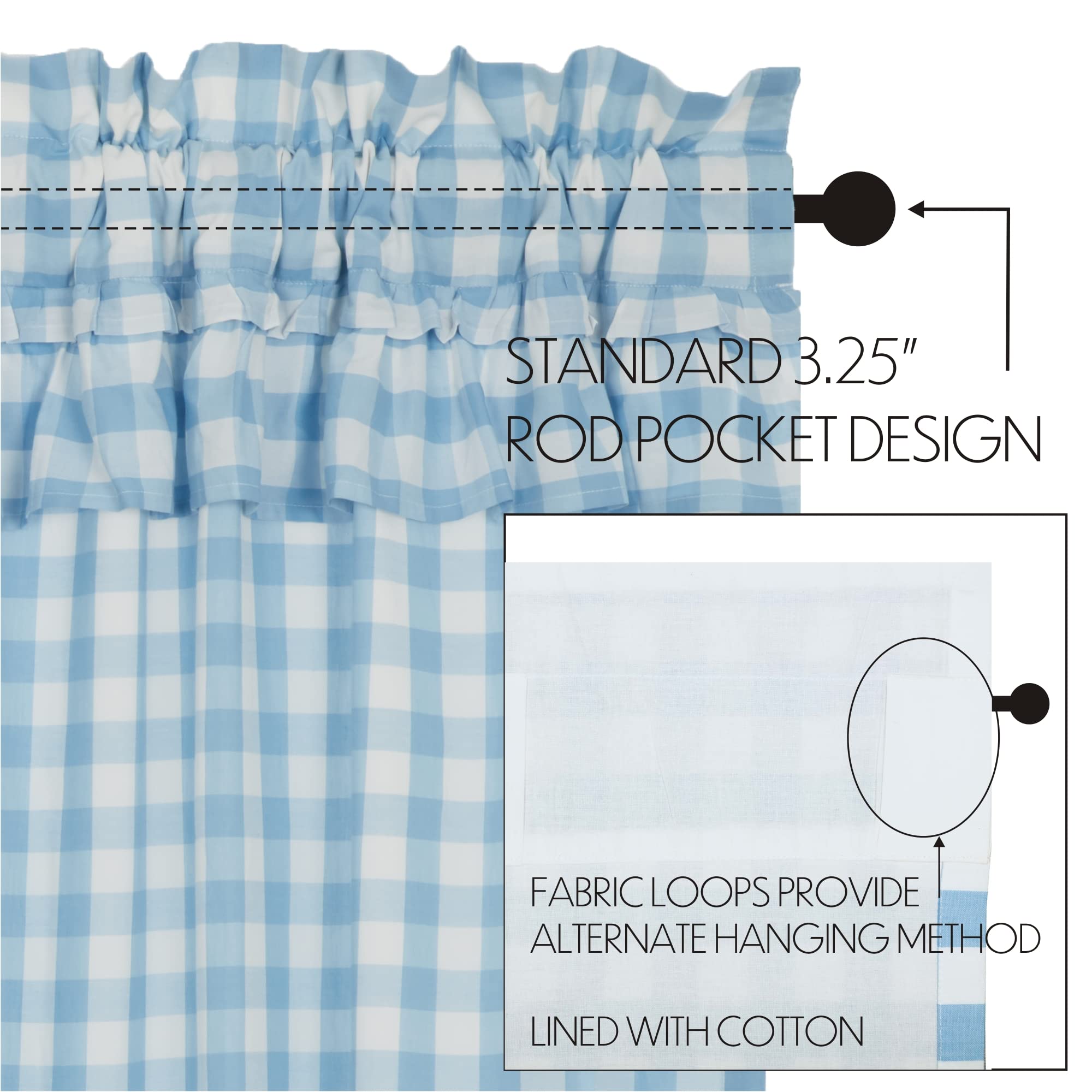 Annie Blue Buffalo Check Farmhouse Ruffled Tier Kitchen Curtain Set 24x36 - Rustic Country Style Window Treatment for Kitchen, Dining Room & Cabin Decor