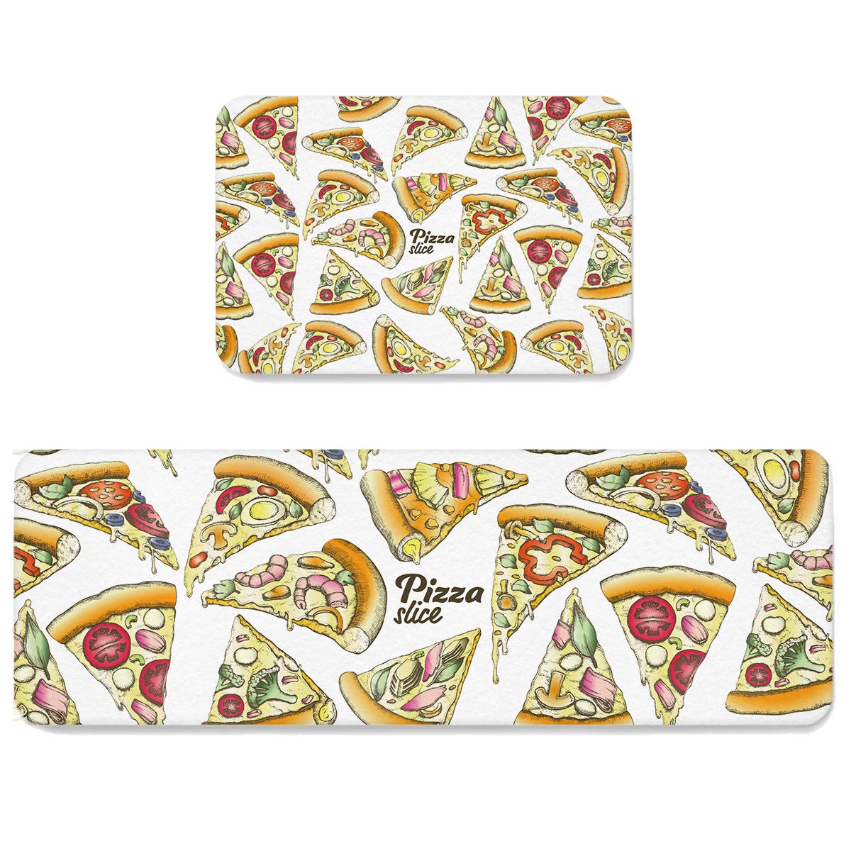 HELLOWINK Anti-Fatigue Kitchen Mat Set of 2 - Non-Slip Pizza Slice Design Floor Mats for Kitchen, Home Office, Laundry & Sink Areas - Cute Food Cartoon Rugs for Comfort & Safety While Cooking, Cleaning or Standing Long Hours