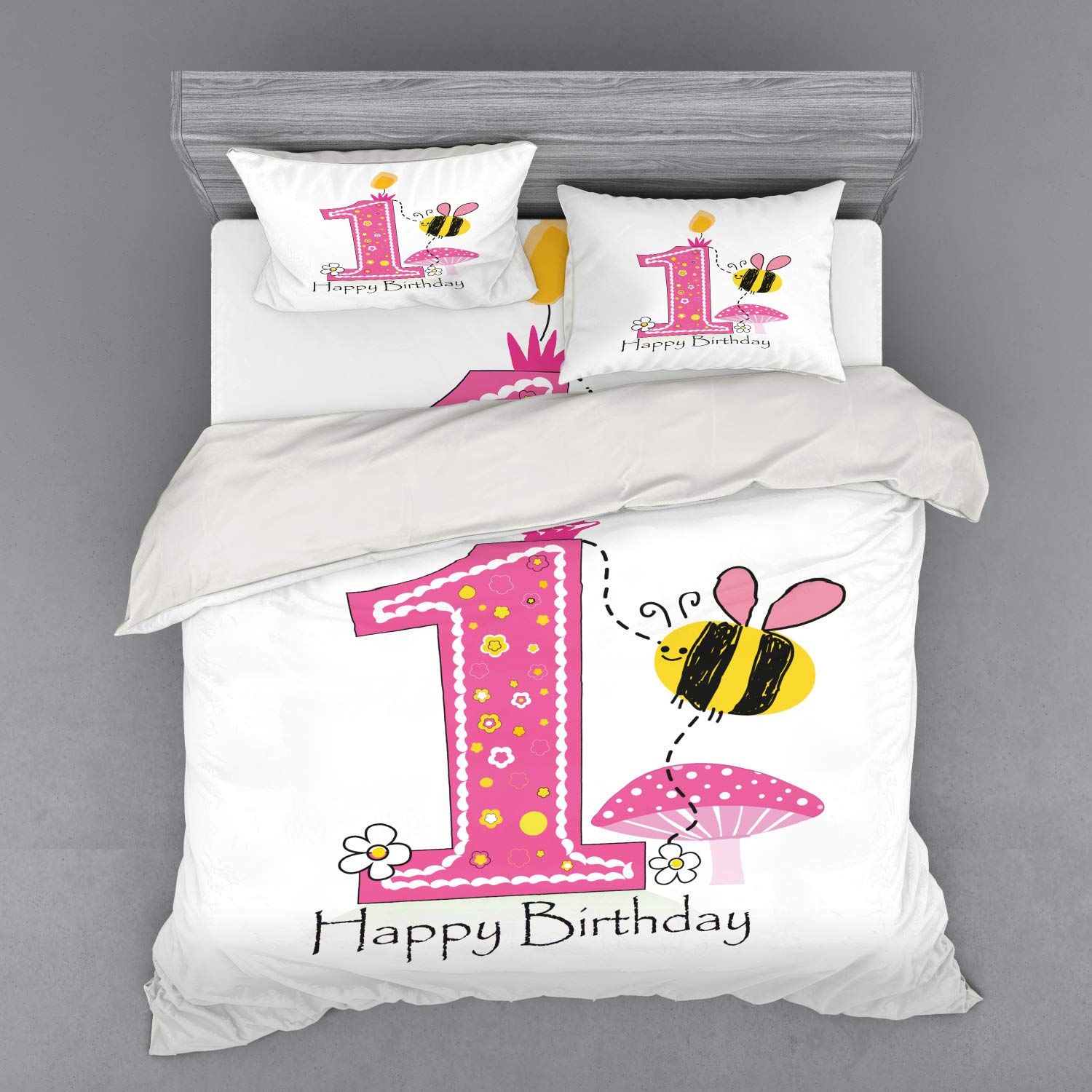Ambesonne 1st Birthday Duvet Cover Set - Cartoon Bees Party Cake & Candle Print 4-Piece Bedding Set with Shams & Fitted Sheet, King Size in Pink Black & Yellow | Perfect for Kids' Rooms, Baby Showers & Birthday Party Decorations