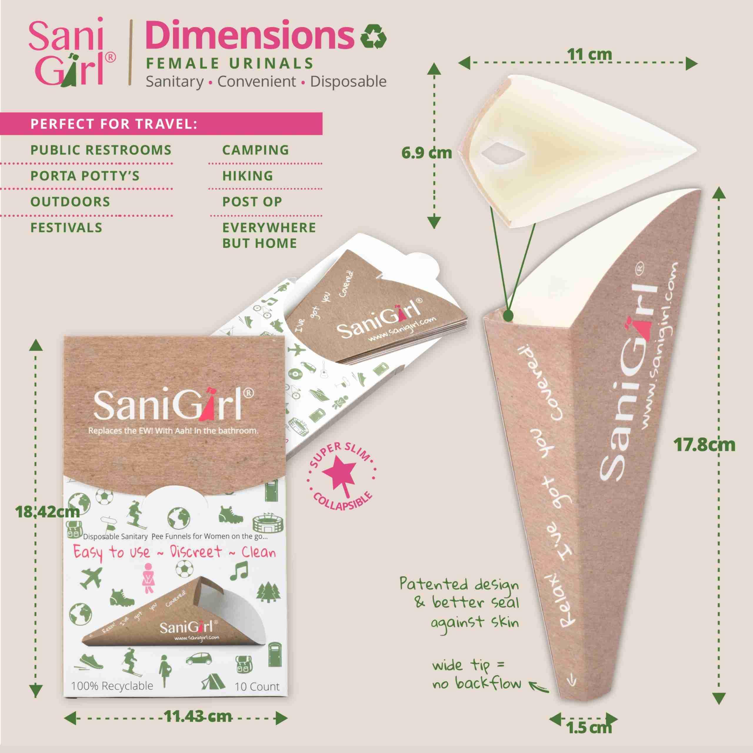 SaniGirl Disposable Female Urinal Funnel for Women - Pack of 10 | Portable Pee Funnel for Travel, Camping & Hiking | Hygienic Solution for Standing Urination | Perfect for Outdoor Adventures, Road Trips & Public Restrooms