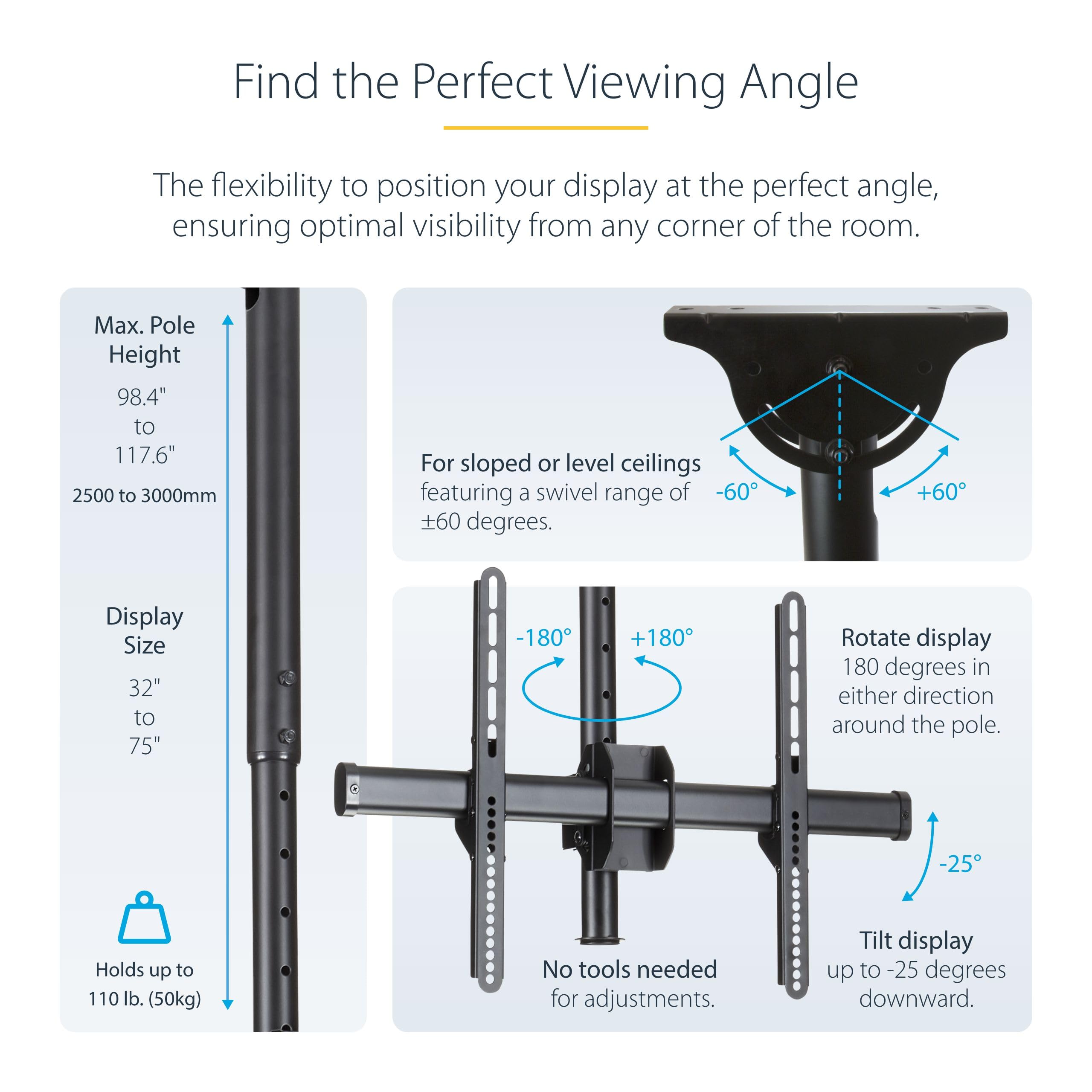 StarTech.com Adjustable TV Ceiling Mount for 32-75 Inch Flat Screens - VESA Compatible Telescoping Pole for Living Room, Bedroom & Commercial Spaces