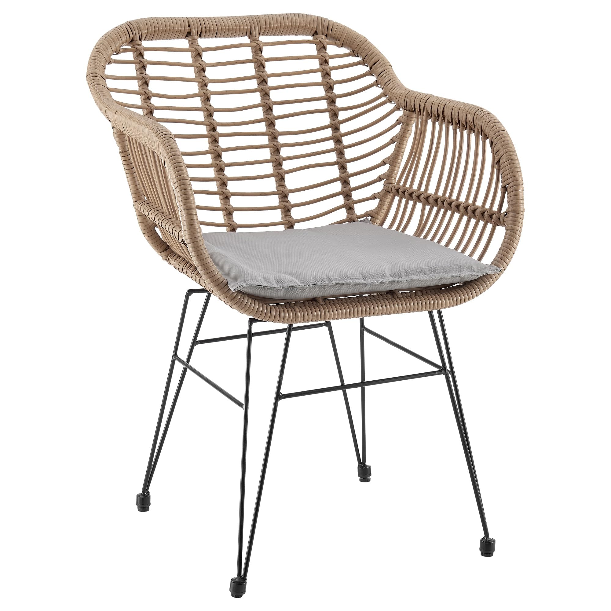 Antibes 3-Piece Patio Conversation Set with Cushions - Steel Frame Wrapped in Rattan, 2 Armchairs & Tempered Glass End Table - Grey Outdoor Furniture for Garden, Backyard, and Poolside Relaxation