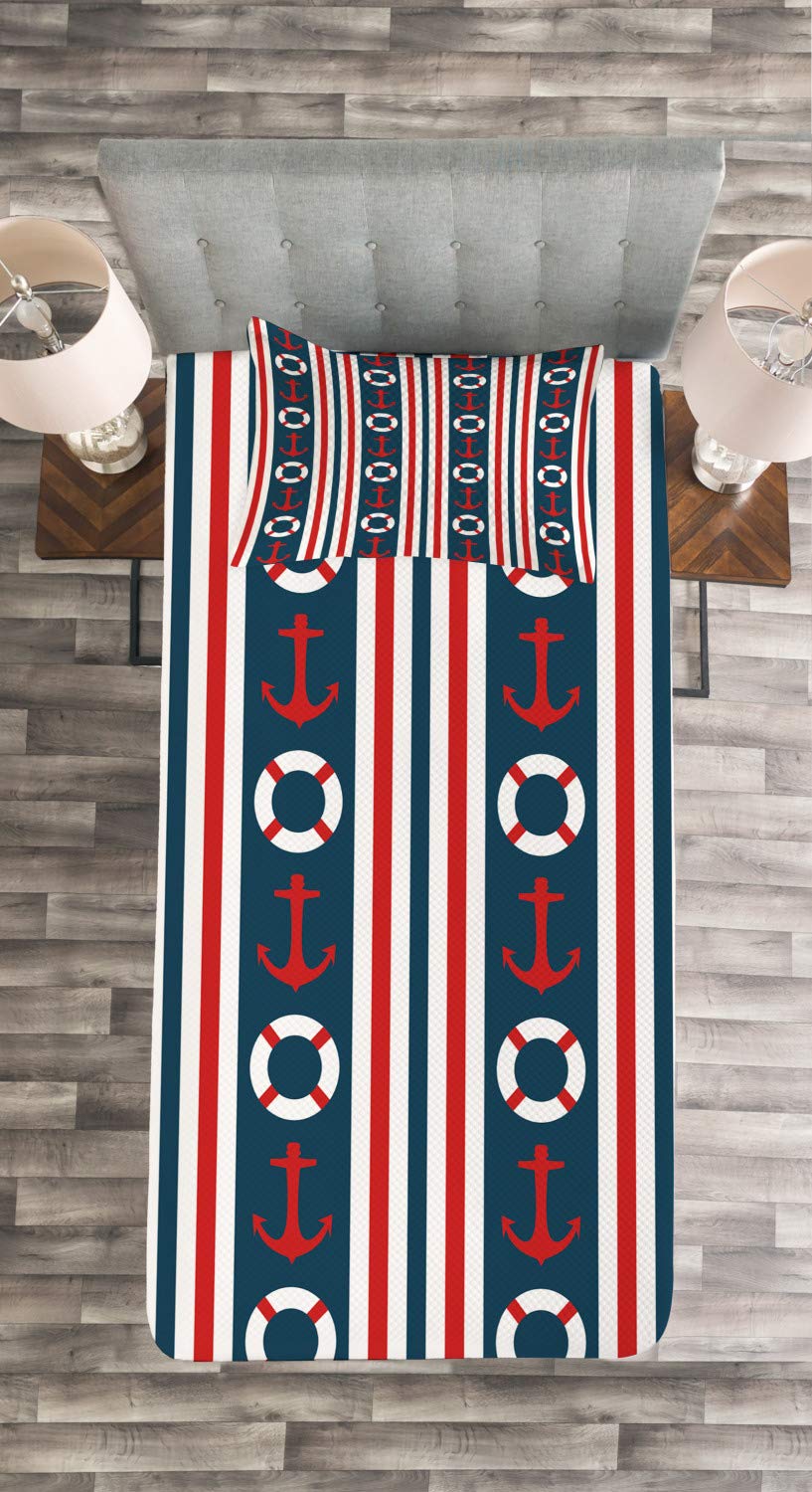 Ambesonne Nautical Twin Size Bedspread Set - 3 Piece Maritime Themed Bedding with Anchor & Steering Wheel Stripes in Indigo Red White | Perfect for Coastal Bedrooms, Beach House Decor & Sailor Theme Rooms
