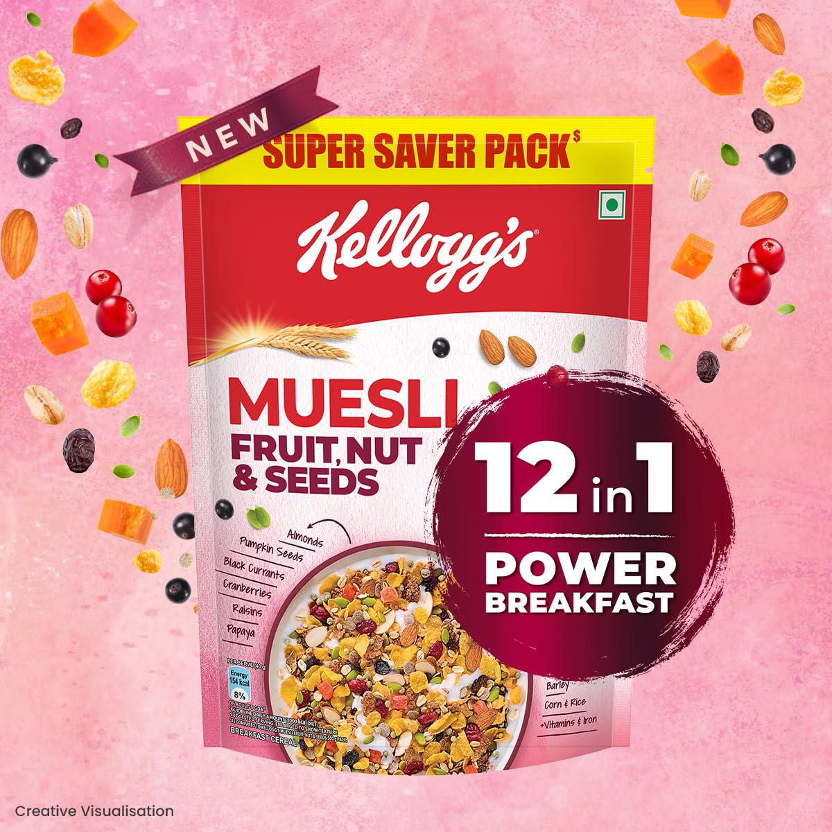 Kellogg's Muesli with Fruits, Nuts & Seeds - 750g | 12-in-1 Power Breakfast Cereal | India's No.1 Multigrain Muesli | Healthy Morning Meal for Weight Loss & Energy Boost | Perfect for Busy Professionals & Fitness Enthusiasts
